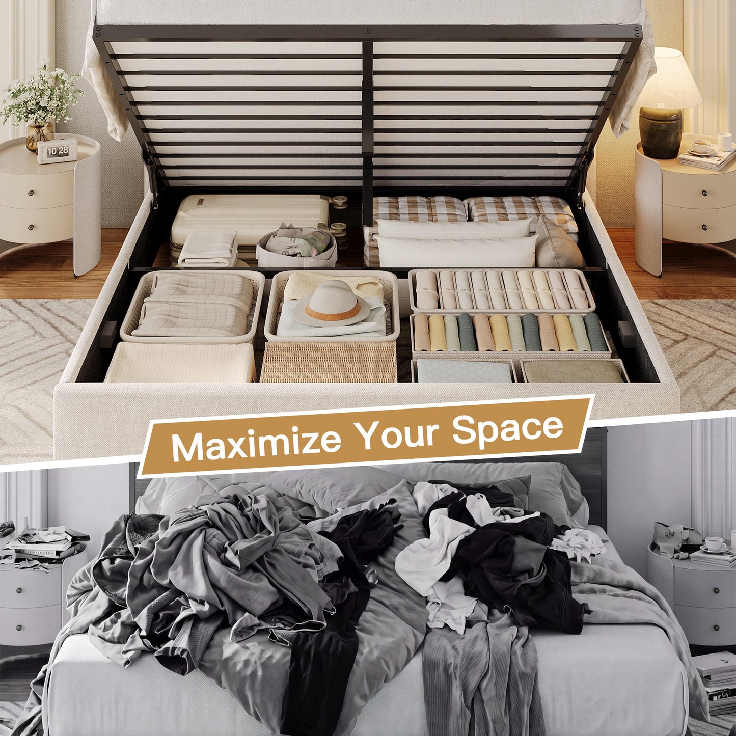 Lifezone Queen Size Upholstered Storage Bed Frame, Linen Button Tufted Wingback Headboard, Hydraulic Lift‑Up Under‑Bed Storage, Warm Beige