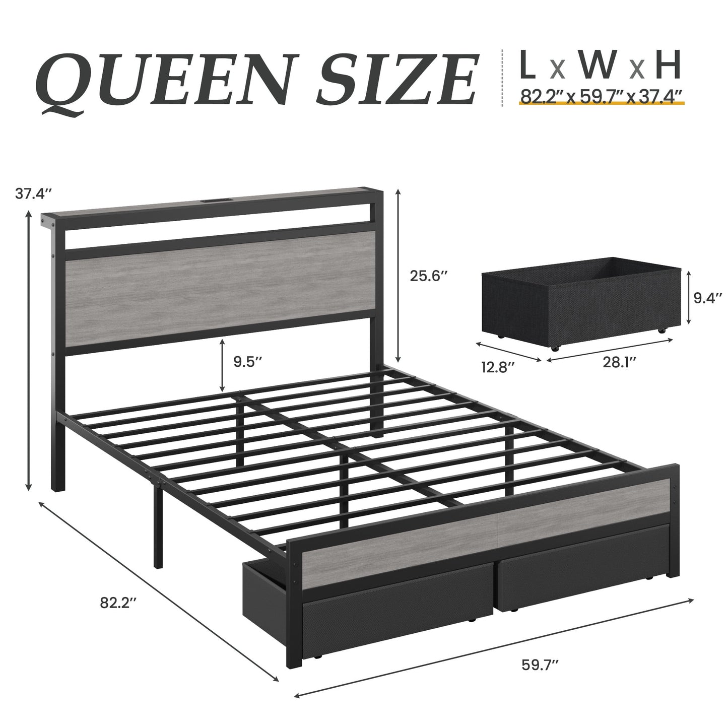 Queen Bed Frame with 2 Drawers, Headboard & Footboard, Bed Frame with Built-in Charging Station & LED Light, Storage Shelf, Noise-Free, No Box Spring Needed, Easy Assembly, Gray