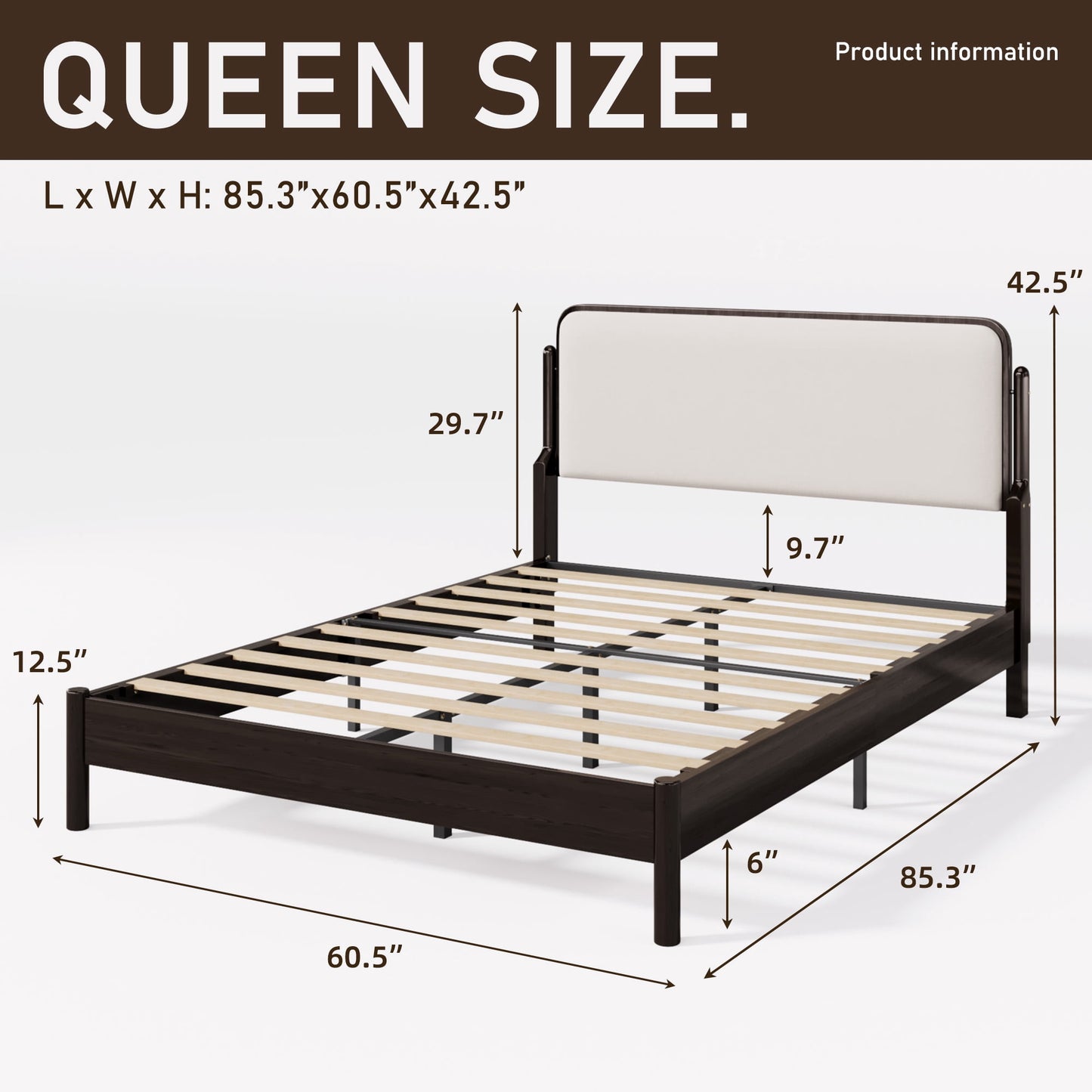 Lifezone Queen Size Solid Wood Bed Frame with Upholstered Headboard, No Box Spring Needed, Easy Assembly, Brown