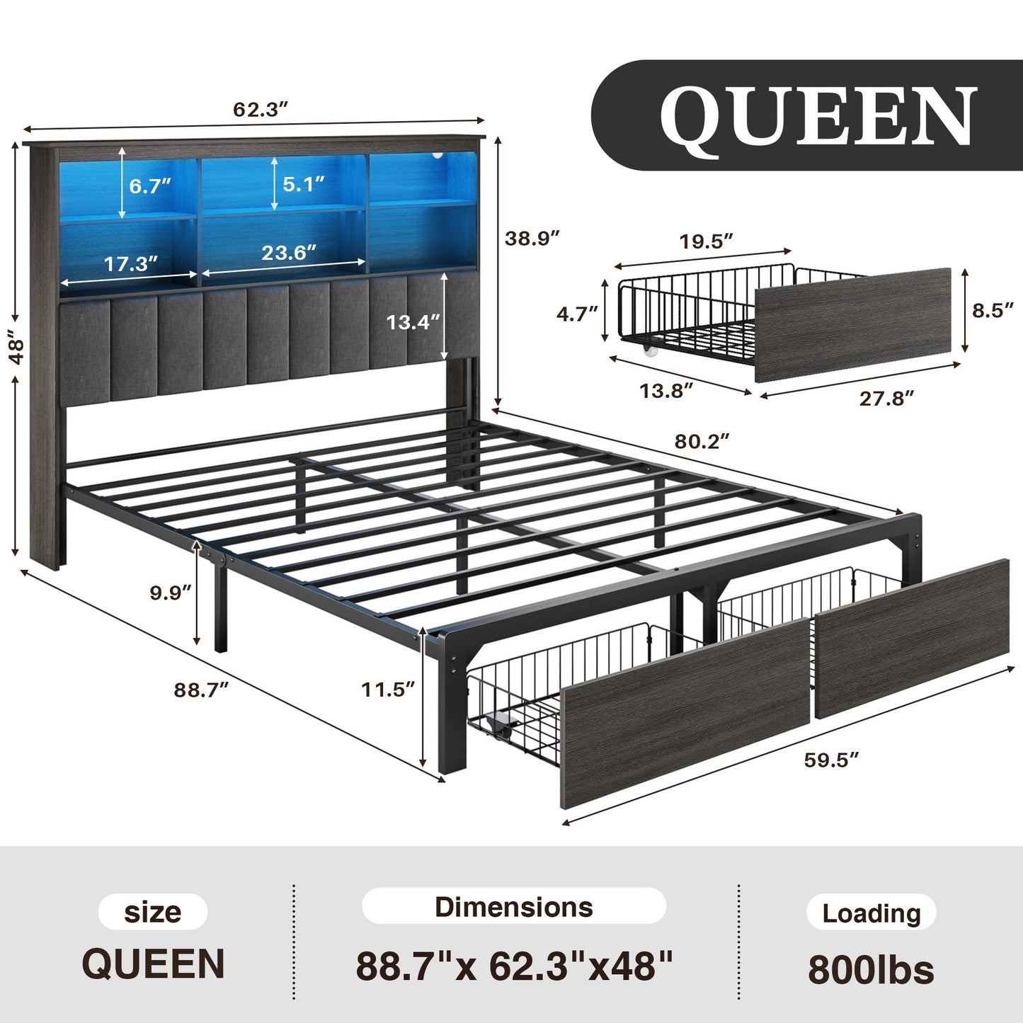 Lifezone Queen Storage Bed Frame with 2 Drawers, Bookcase Headboard & Charging Station, No Box Spring Needed, Gray