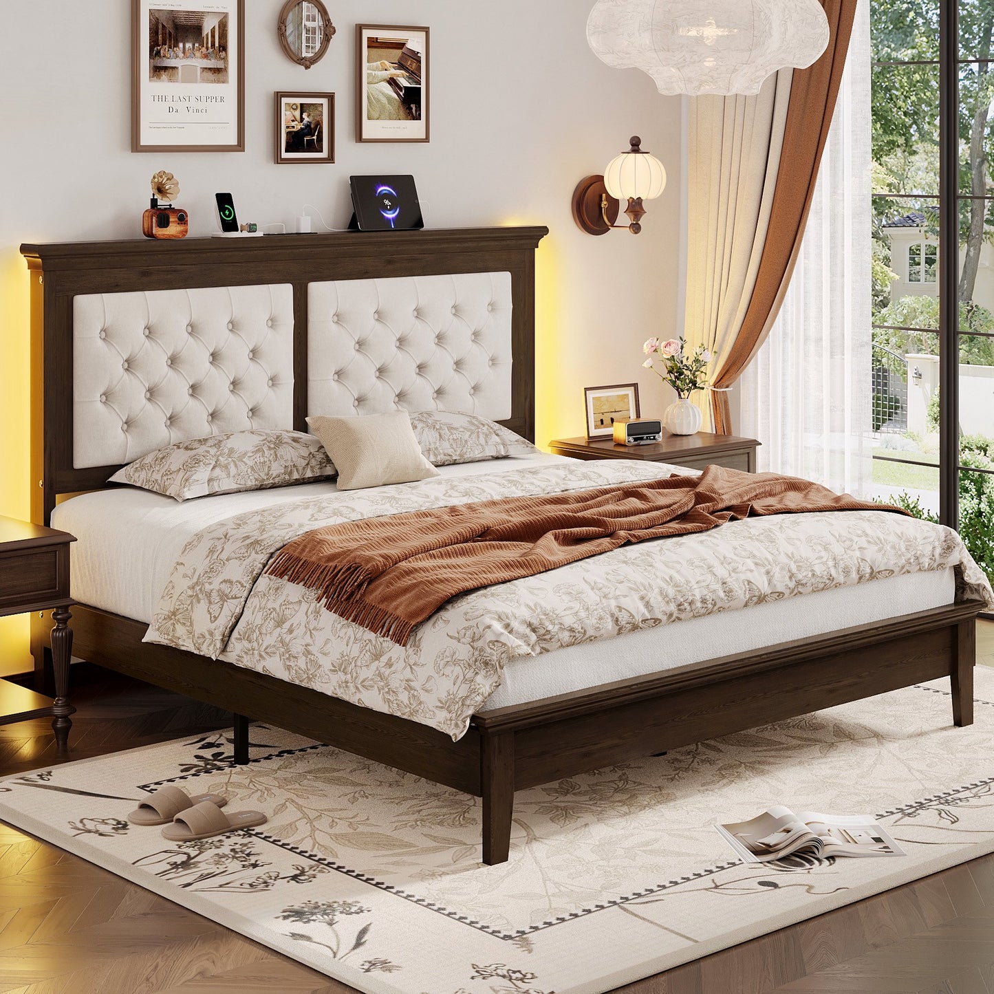 Lifezone Queen Solid Wood Platform Bed Frame, Tufted Headboard & Footboard with Charging Station, Noise-Free Walnut Brown Finish