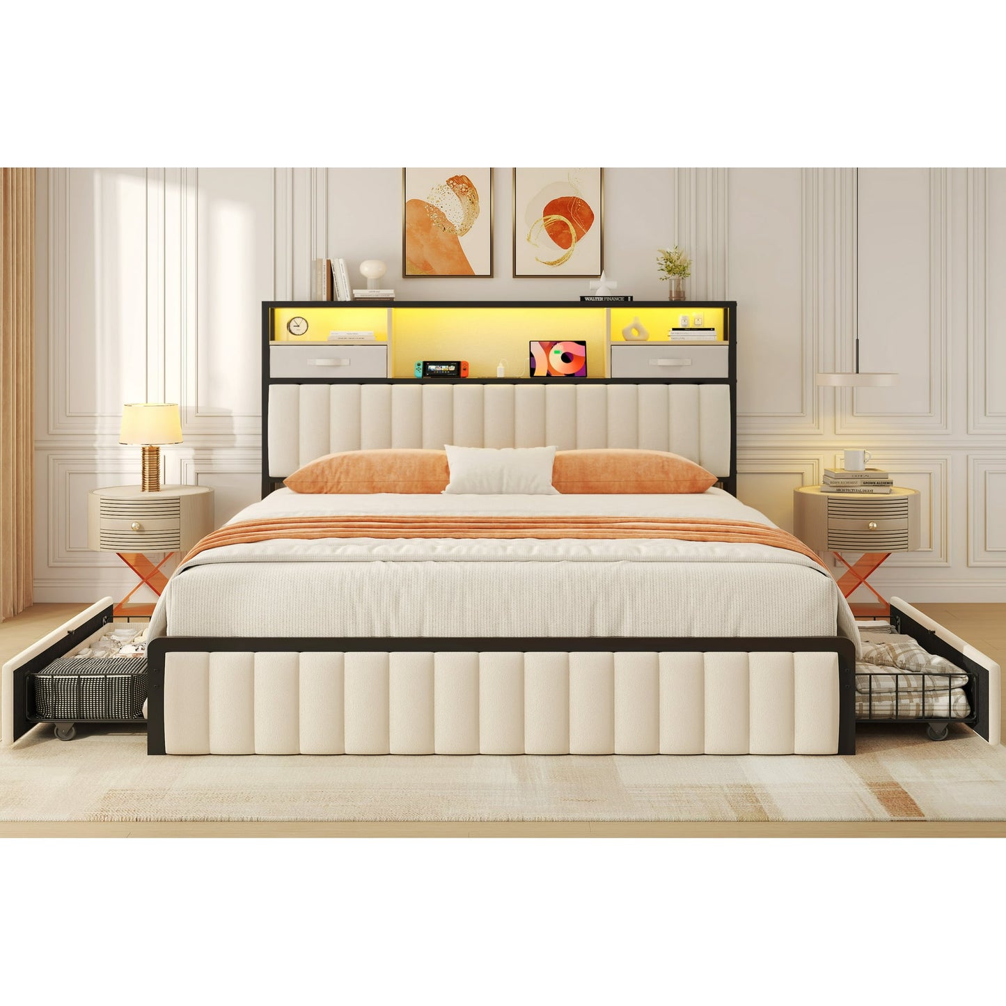 Queen Bed Frame with Storage, Upholstered Platform Bed with Headboard and 4 Drawers, LED Lights and Charging Station, Noise Free, No Box Spring Needed, Easy Assembly, Metal Support, Beige