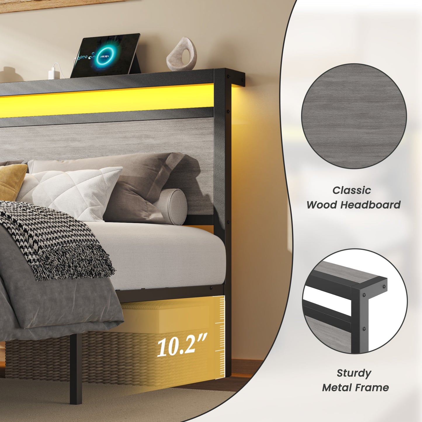 Queen Bed Frame with 2 Drawers, Headboard & Footboard, Bed Frame with Built-in Charging Station & LED Light, Storage Shelf, Noise-Free, No Box Spring Needed, Easy Assembly, Gray