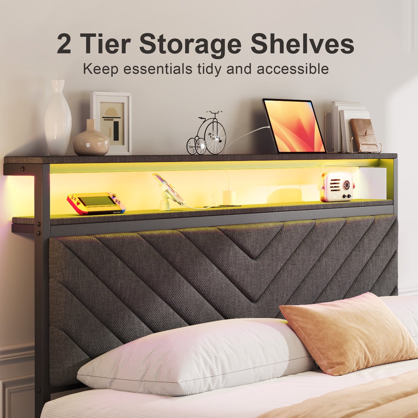Lifezone Queen Bed Frame with 2-Tier Storage Headboard, USB Port and LED Light, 2 Storage Drawers, Grey