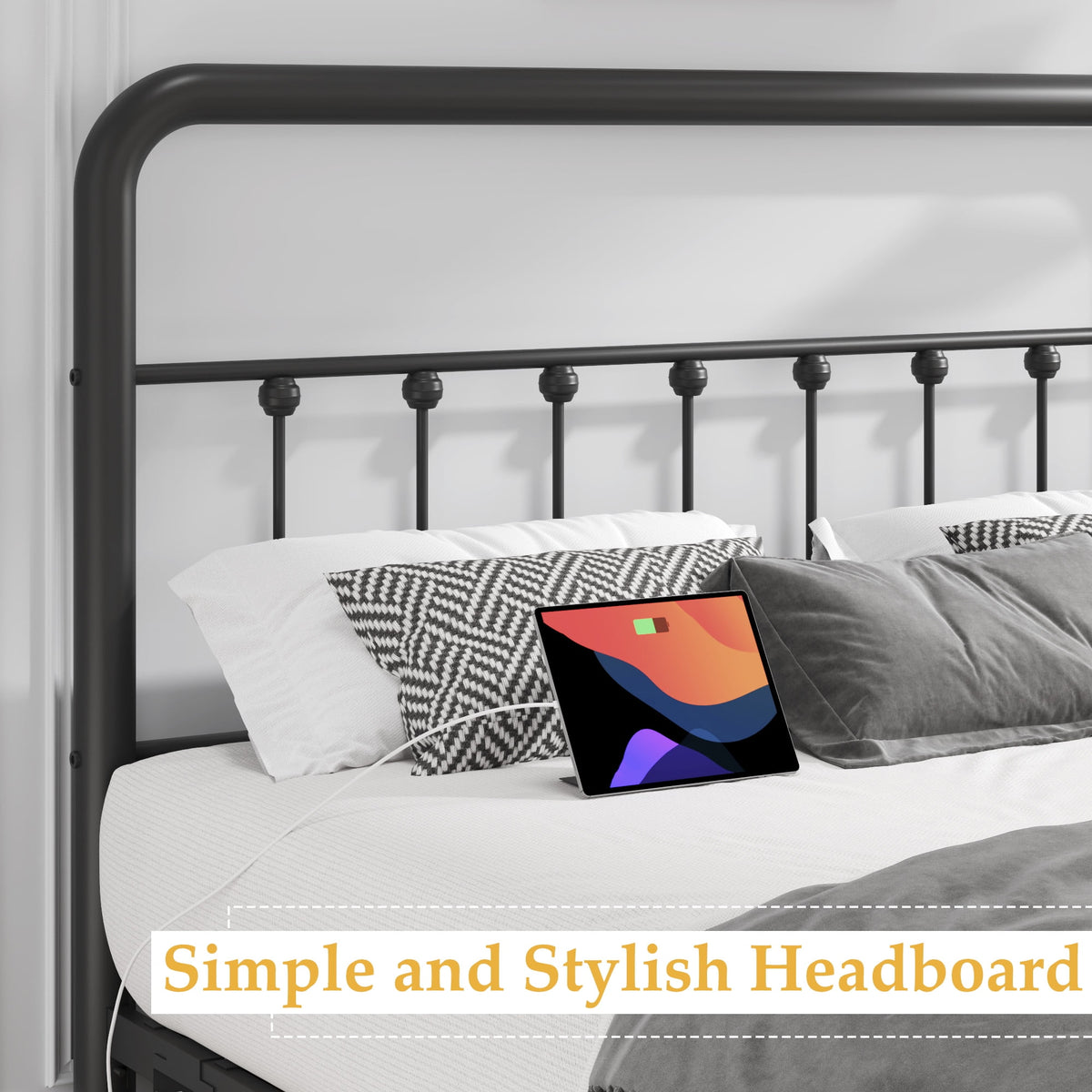 Lifezone Full Bed Frame, Classic Metal Platform Bed Frame, with Charging Station and LED, No Need for Springs, Black