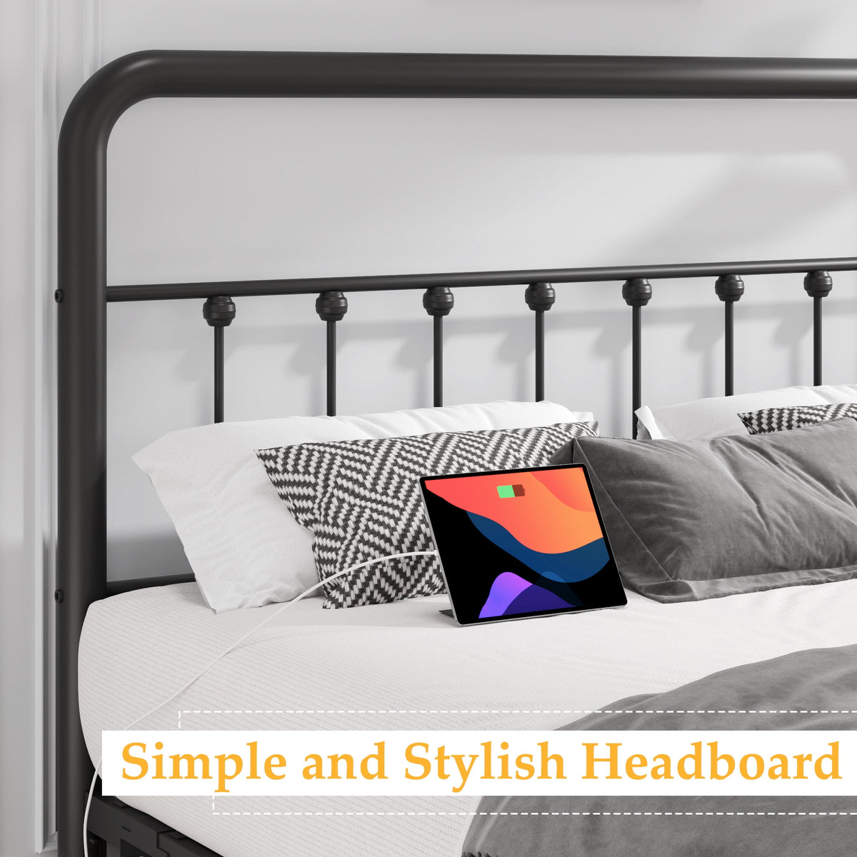 King Metal Platform Bed Frame, Classic Modern with Charging Station and LED Lights, No Box Spring Needed, Black