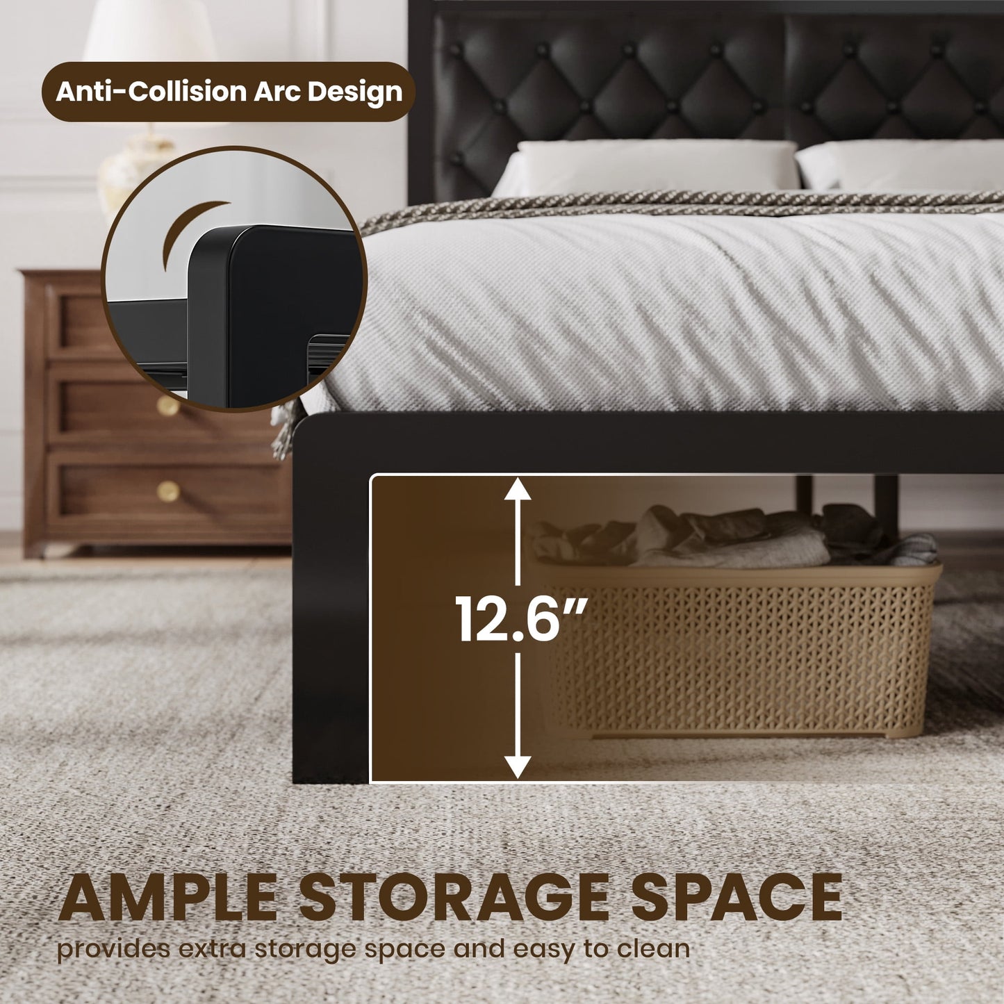Lifezone Bed Frame with Upholstered Headboard, Queen, Metal Support, No Box Spring Needed, Modern Black