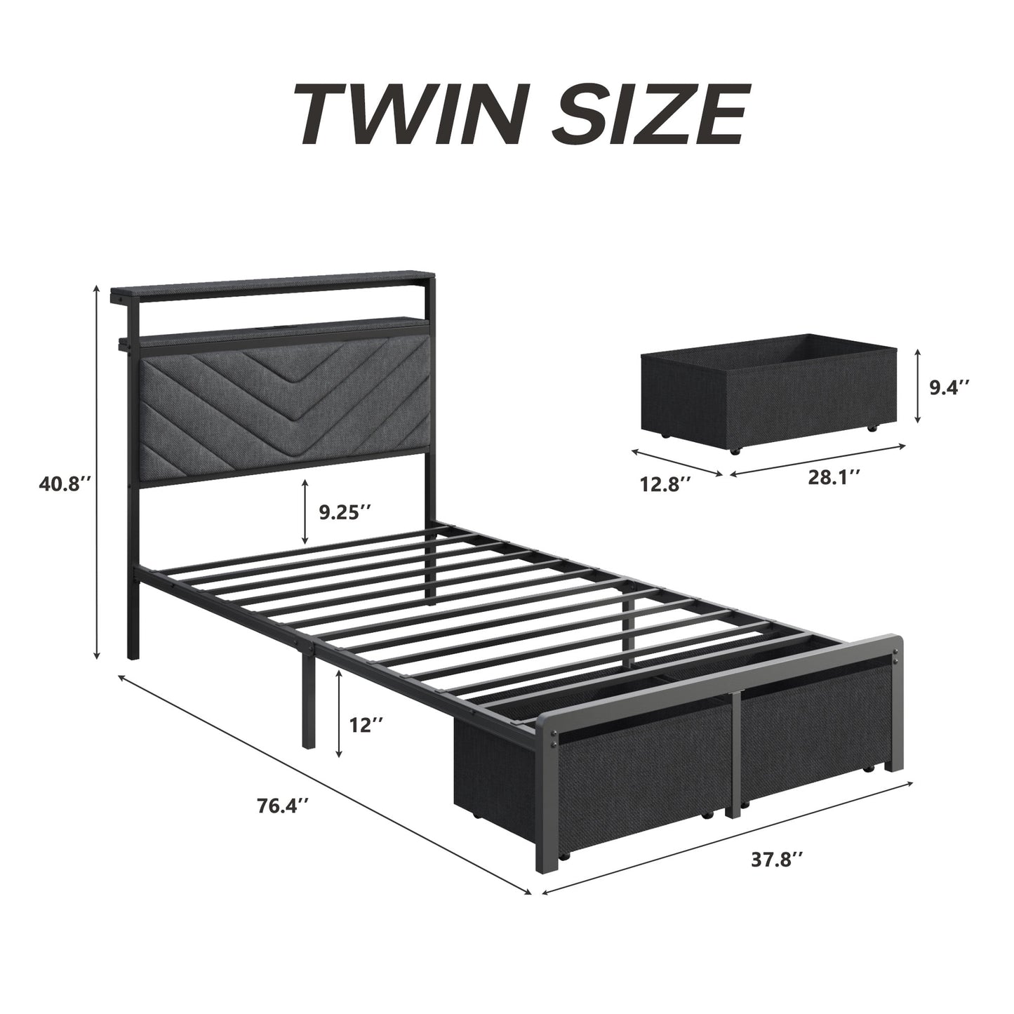 Lifezone Twin Bed Frame with Two-Tier Storage Headboard, USB Port and LED Light, Two Storage Drawers, Grey