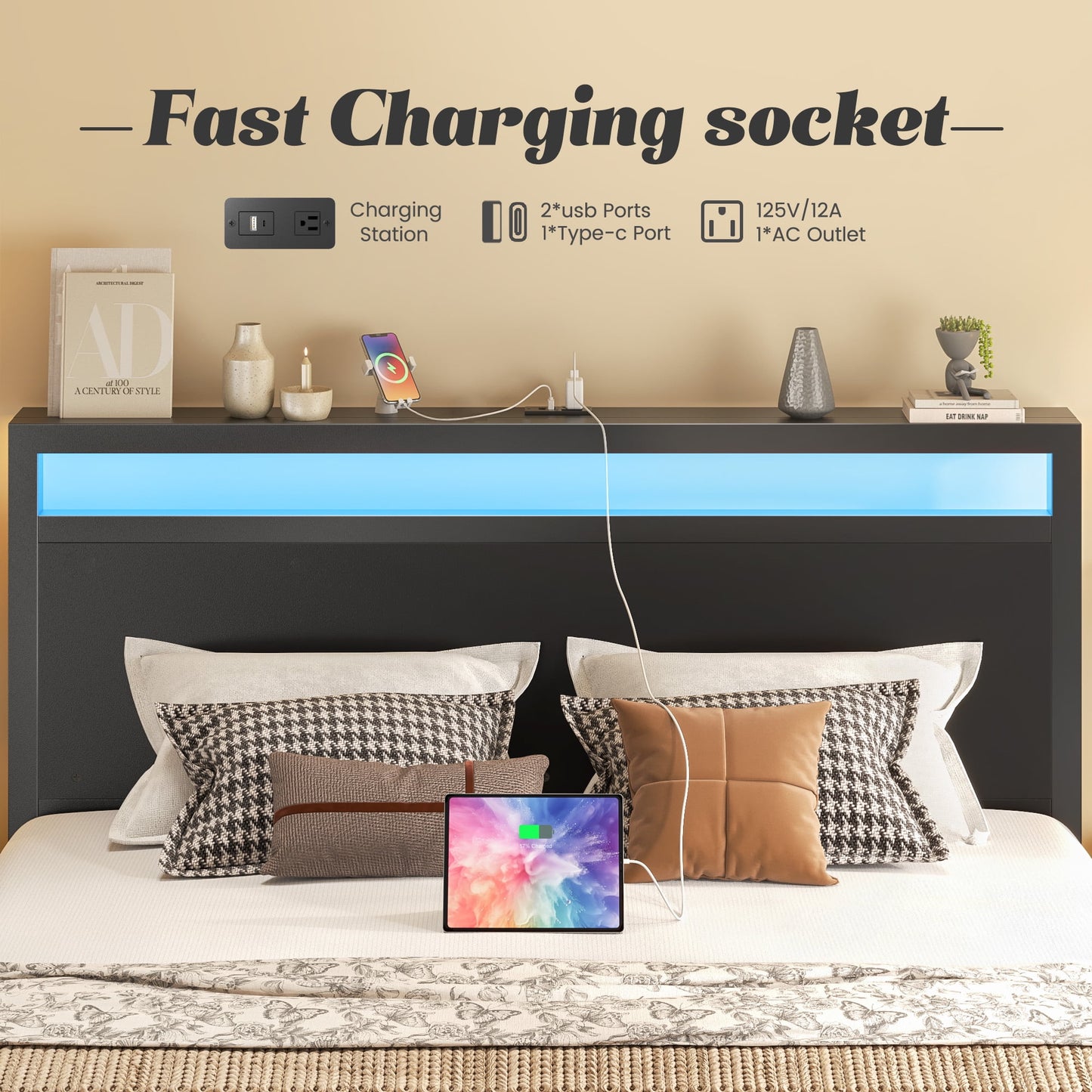 Queen Bed Frame with Headboard & Footboard, Bed Frame with Built-in Charging Station & LED Light, Storage Shelf, Noise-Free, No Box Spring Needed, Easy Assembly, Classic Black