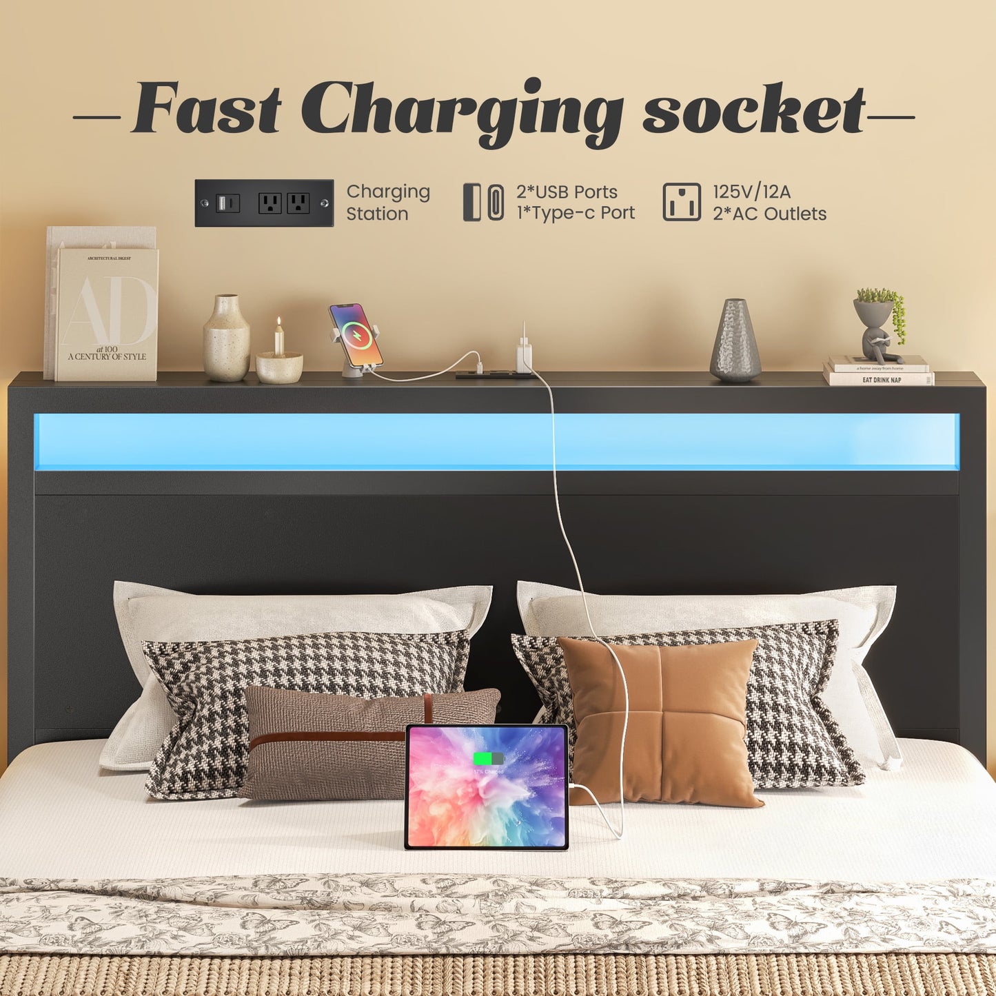 Full Bed Frame with Storage Headboard & Storage Drawer, Charging Station & LED Light, No Box Spring Needed, Noise Free, Easy Assembly, Classic Black