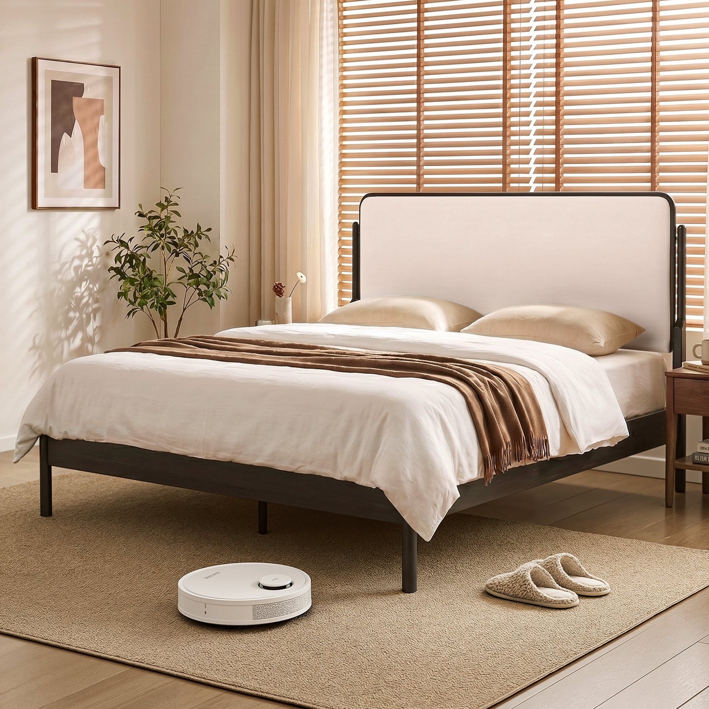 Lifezone Queen Size Solid Wood Bed Frame with Upholstered Headboard, No Box Spring Needed, Easy Assembly, Brown