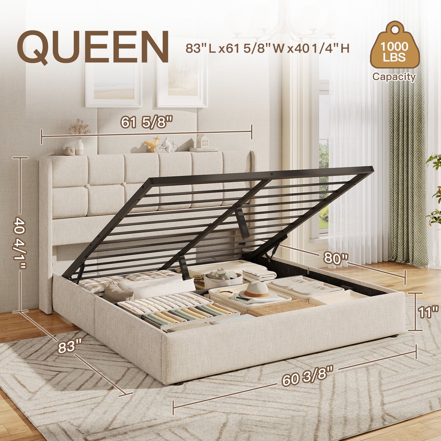Lifezone Queen Size Upholstered Storage Bed Frame, Linen Button Tufted Wingback Headboard, Hydraulic Lift‑Up Under‑Bed Storage, Warm Beige