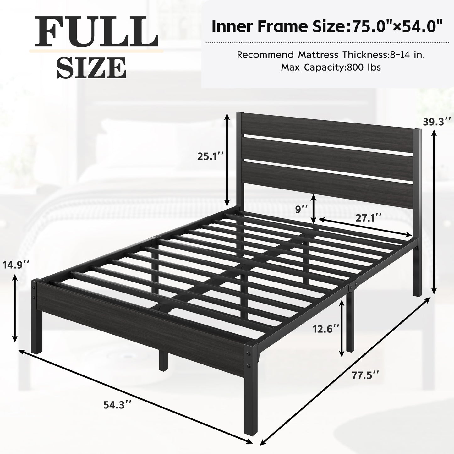Lifezone Full Bed Frame with Rustic Vintage Wood Headboard and Footboard,Metal Support,Grey