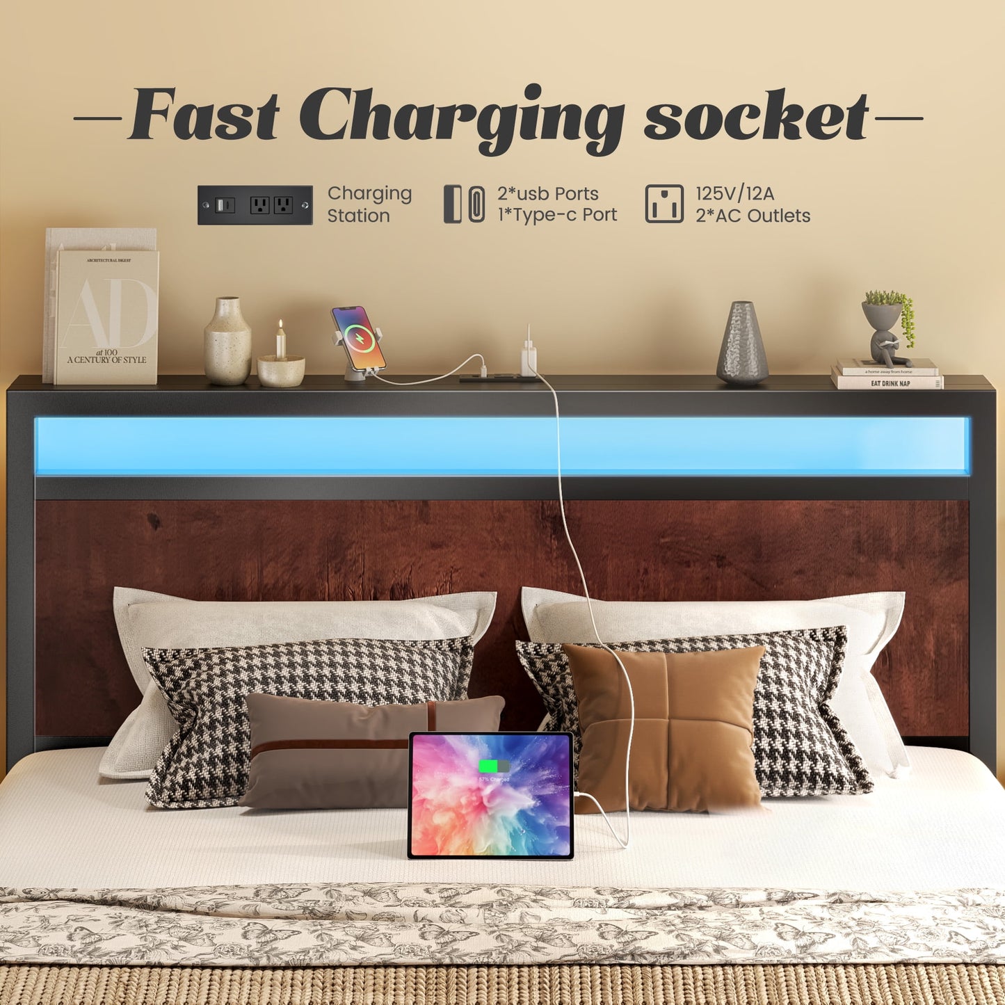 Full Bed Frame with Storage Headboard & Storage Drawer, Charging Station & LED Light, No Box Spring Needed, Noise Free, Easy Assembly, Vintage Brown