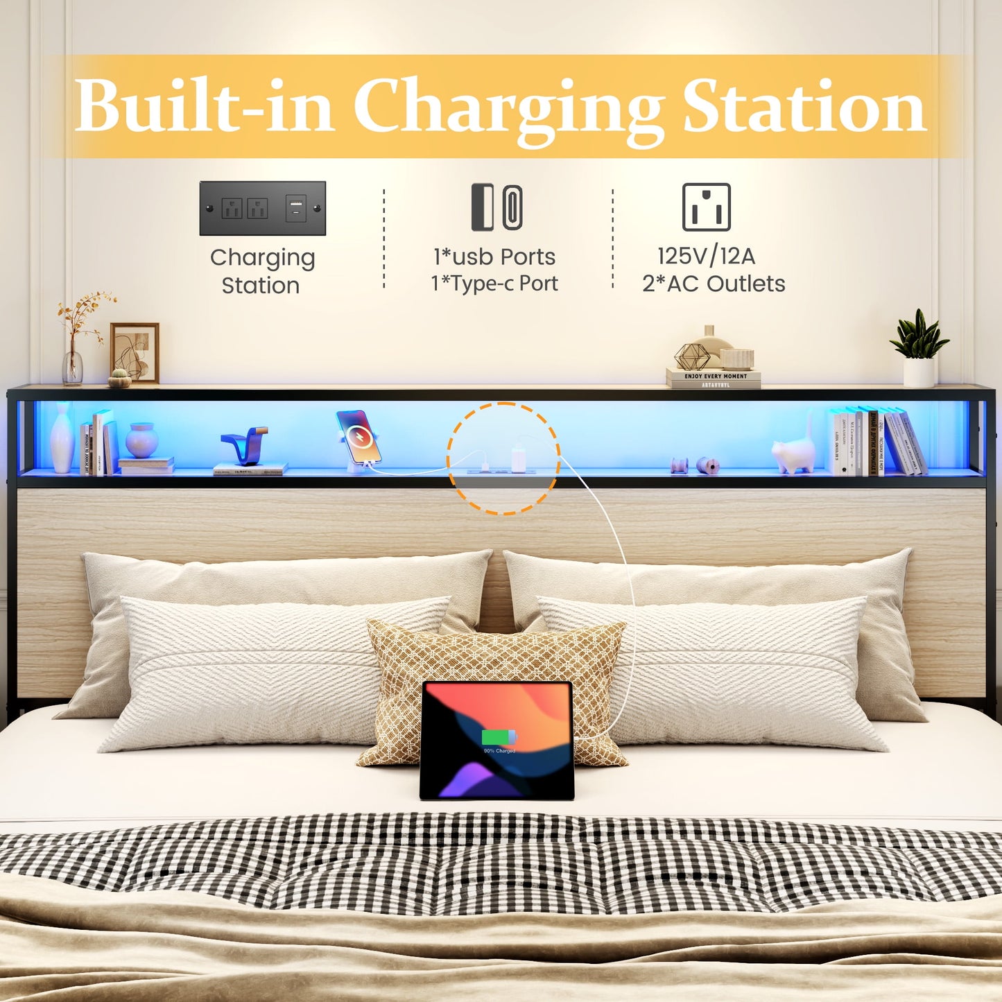 Lifezone King Size Bed Frame with 2-Tier Bookcase Headboard Platform Bed with Charging Station & LED, 4 Storage Drawers, Metal Support, No Box Spring Needed, Noise Free, Beige