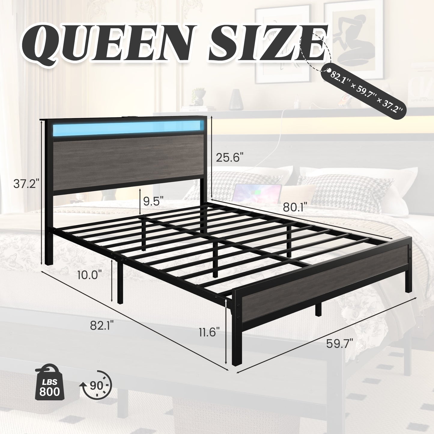 Queen Bed Frame with Headboard & Footboard, Bed Frame with Built-in Charging Station & LED Light, Storage Shelf, Noise-Free, No Box Spring Needed, Easy Assembly, Rustic Grey