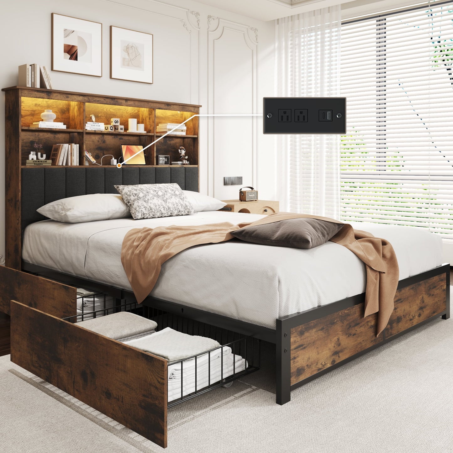 Lifezone Bookcase Beds Queen Bed Frame with Wooden Platform, Rustic Brown