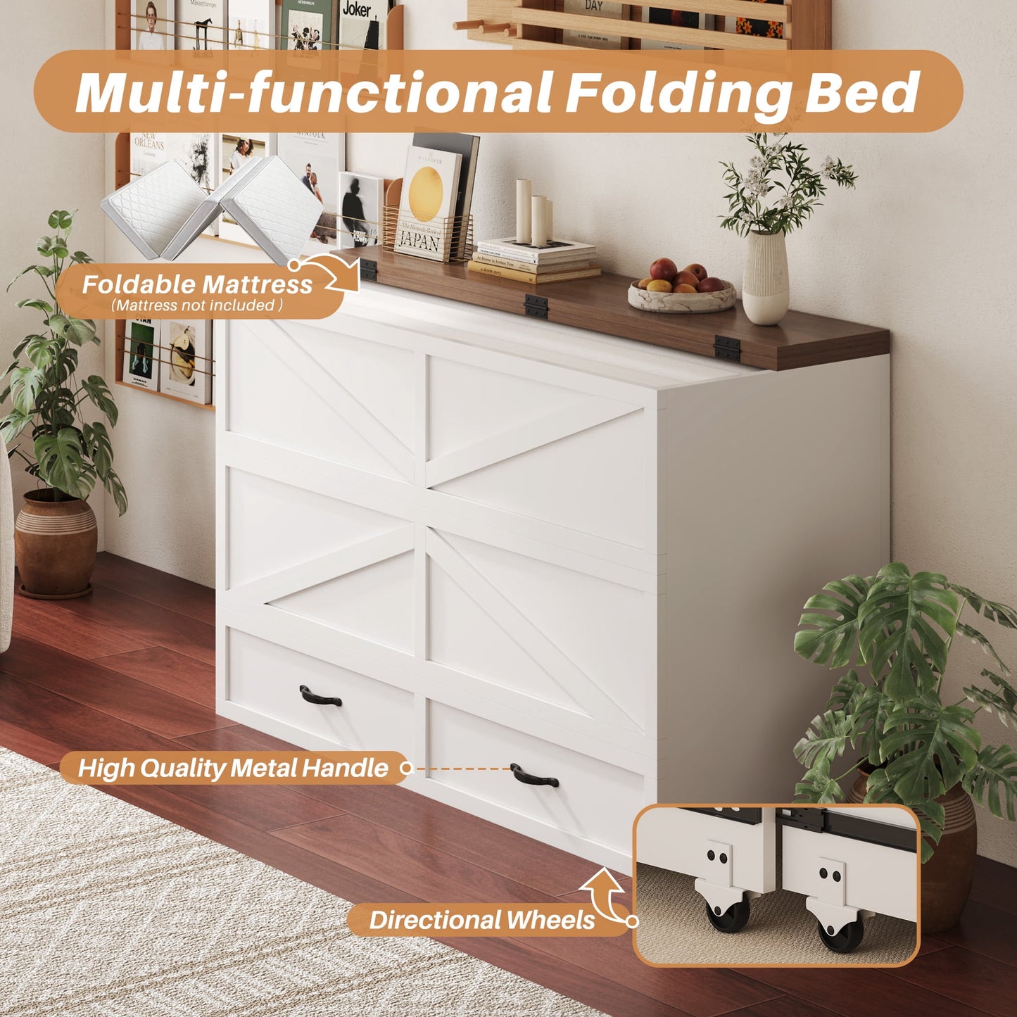 Lifezone Murphy Bed Frame with Charging Station, Convertible Chest Bed Cabinet, Space-Saving Design for Small Living Spaces