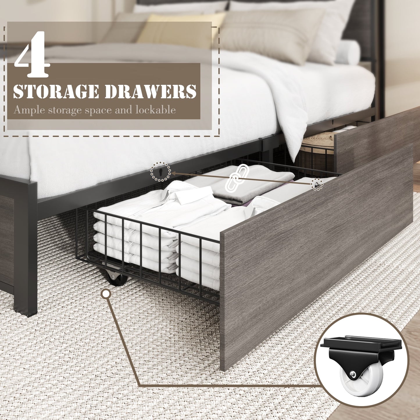 Lifezone Queen Size Bed Frame with 2-Tier Bookcase Headboard Platform Bed with Charging Station & LED, 4 Storage Drawers, Metal Support, No Box Spring Needed, Noise Free, Grey