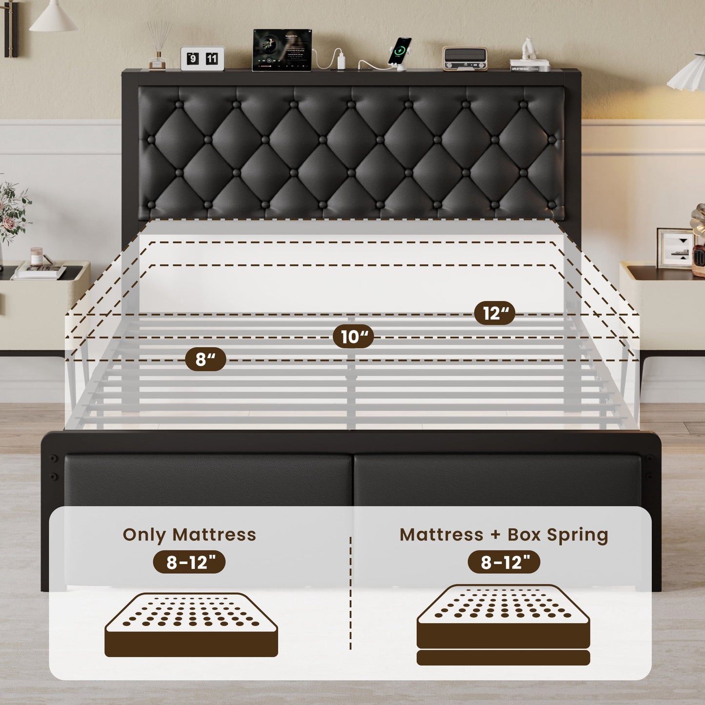 lifezone Bed Frame with Leather Upholstered Headboard, Lockable Storage, Queen Size, Black