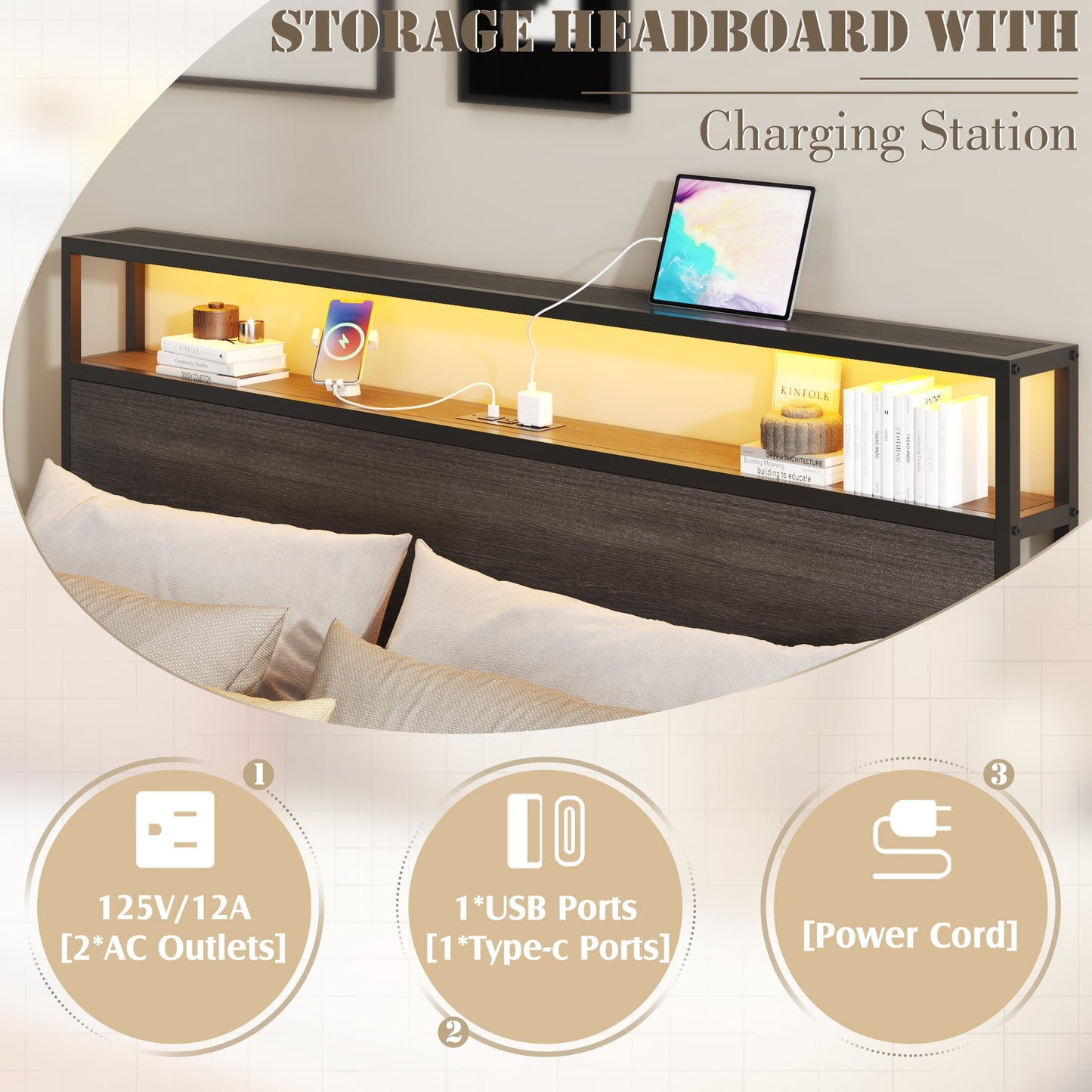 LIFEZONE Rustic Full Size Medium Density Fiberboard Platform Bookcase Bed with 4 Drawers, Grey