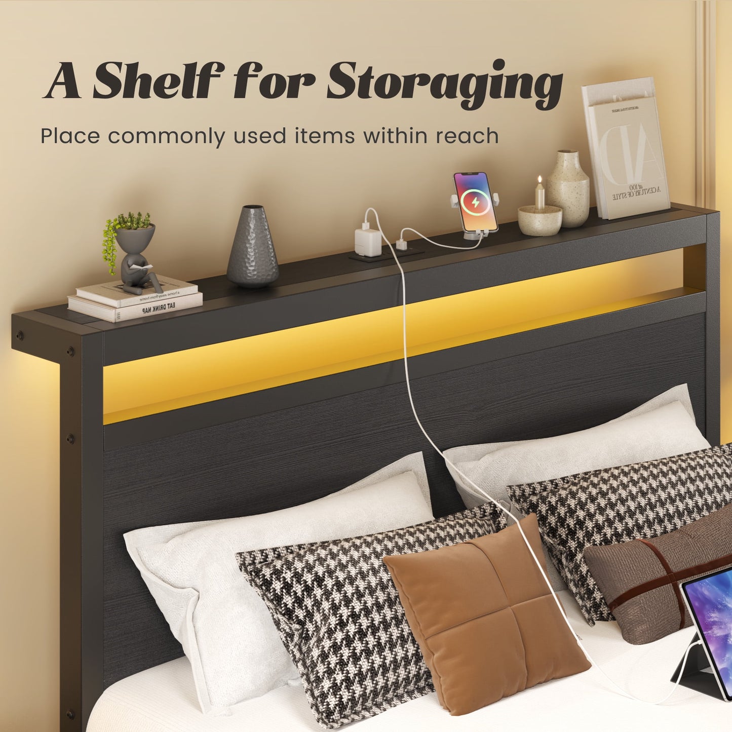 Twin Bed Frame,Twin Bed Frame with Storage Headboard & Storage Drawer, Charging Station & LED Light, No Box Spring Needed, Noise Free, Easy Assembly, Classic Black