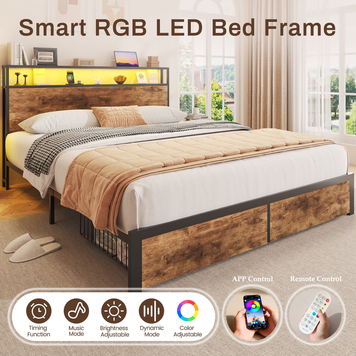 Lifezone Queen Bed Frame with 2-Tier Storage Headboard, Metal Bed Frame with Storage Drawers & Built-in Charging Station & LED, No Box Spring Needed, Easy Assembly, Retro Brown
