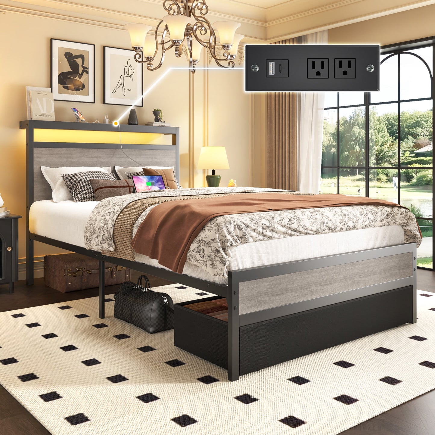 Twin Bed Frame with Storage Headboard & Drawer, Charging Station & LED Light, No Box Spring Needed, Noise Free, Easy Assembly, Rustic Grey