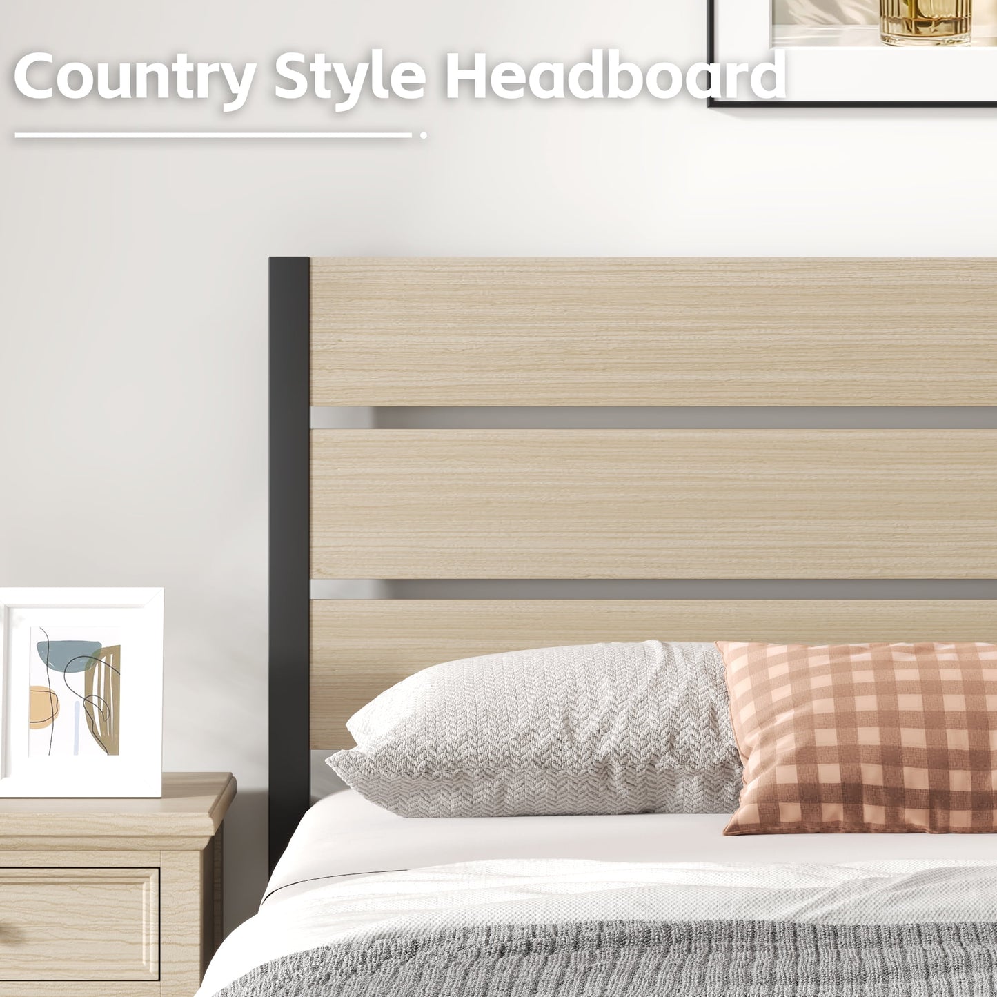 Lifezone Full Bed Frame with Rustic Vintage Wood Headboard and Footboard,Metal Support,Beige