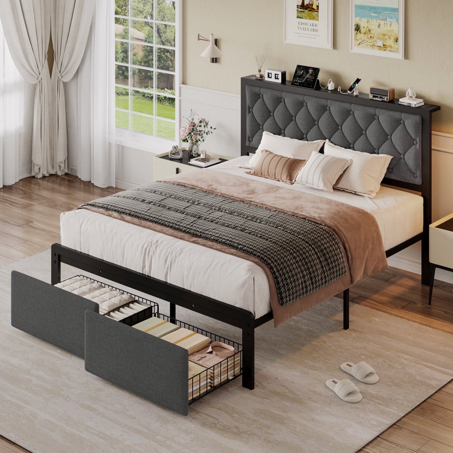 Lifezone Bed Frame with Linen Upholstered Headboard, Lockable Storage, Queen Size, Gray