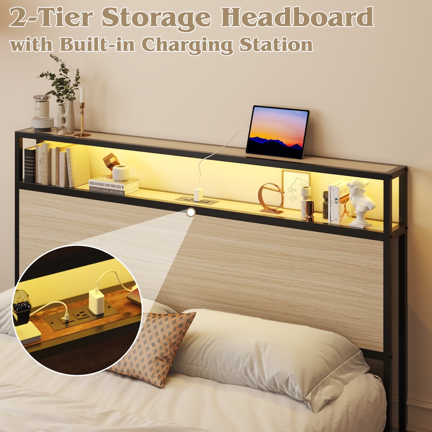 Lifezone Full Bed Frame with 2-Tier Storage Headboard, USB Port and LED Light, 4 Storage Drawers, Begie
