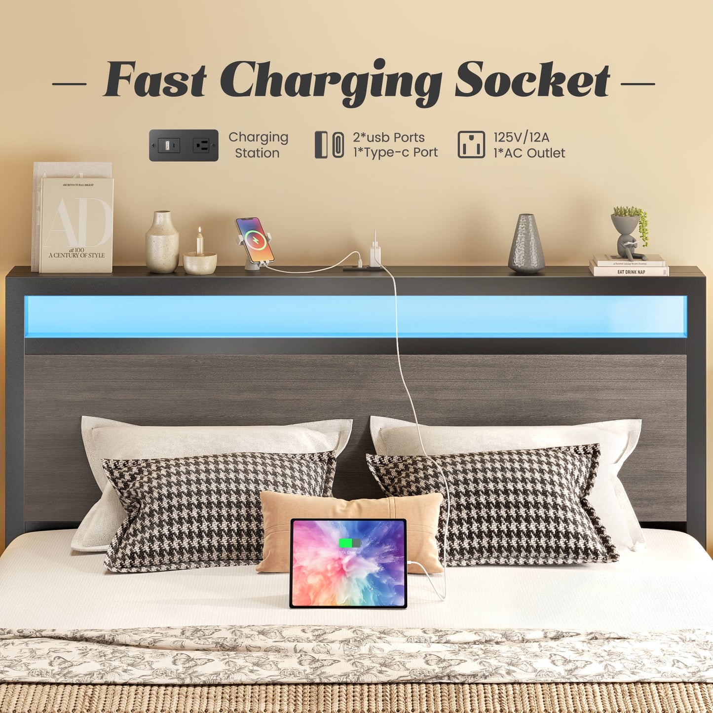 Queen Bed Frame with Headboard & Footboard, Bed Frame with Built-in Charging Station & LED Light, Storage Shelf, Noise-Free, No Box Spring Needed, Easy Assembly, Rustic Grey