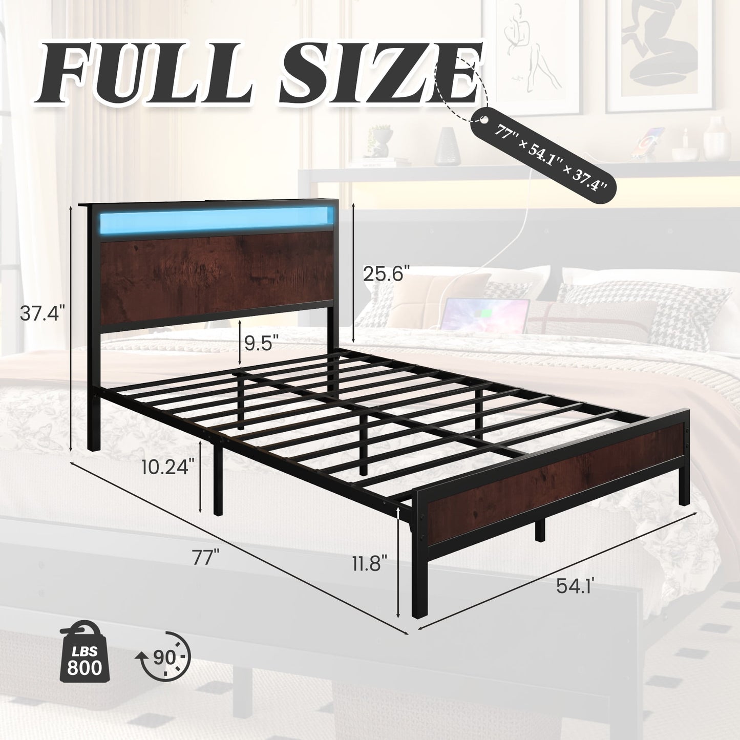Full Bed Frame with Storage Headboard & Storage Drawer, Charging Station & LED Light, No Box Spring Needed, Noise Free, Easy Assembly, Vintage Brown