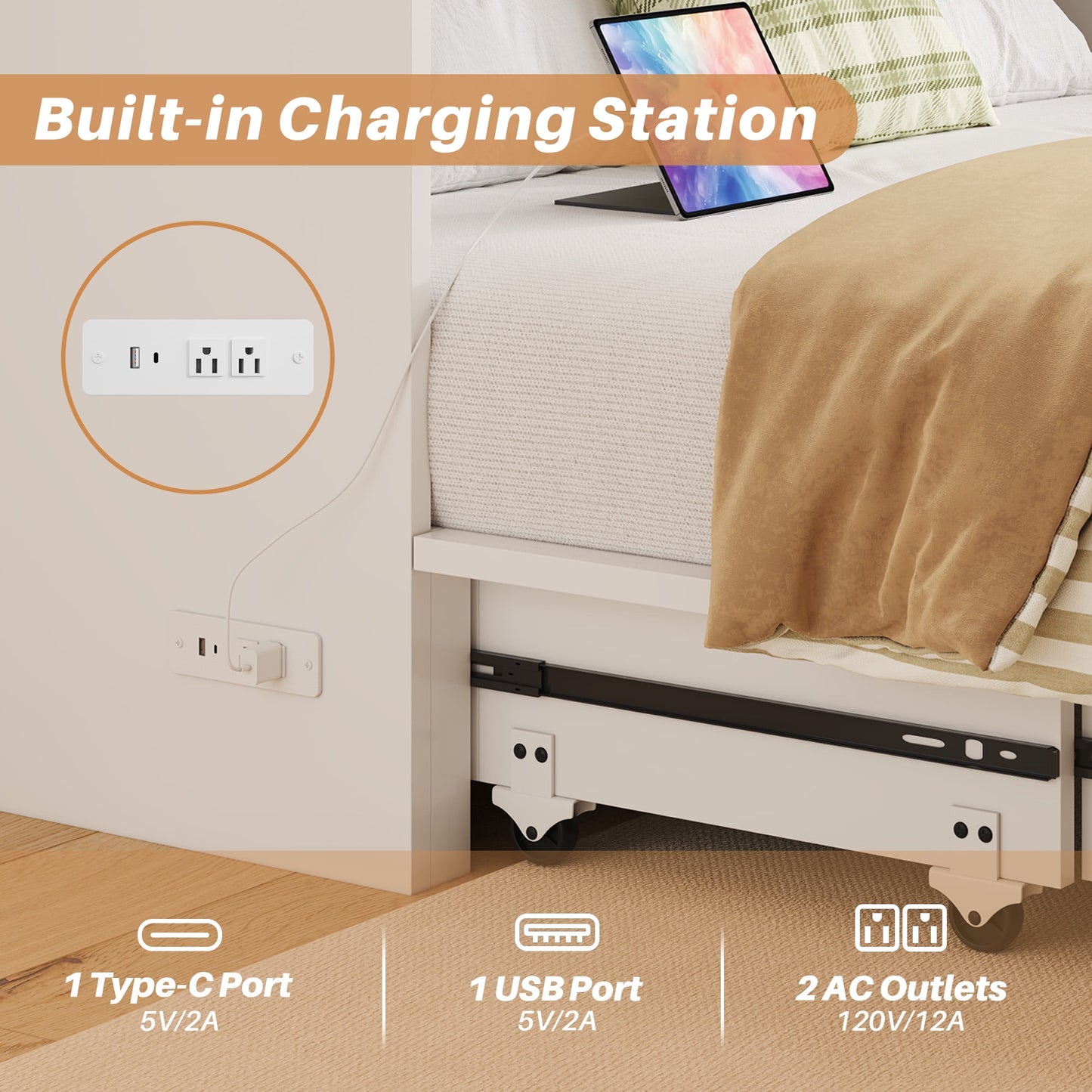 Lifezone Murphy Bed Frame with Charging Station, Convertible Chest Bed Cabinet, Space-Saving Design for Small Living Spaces