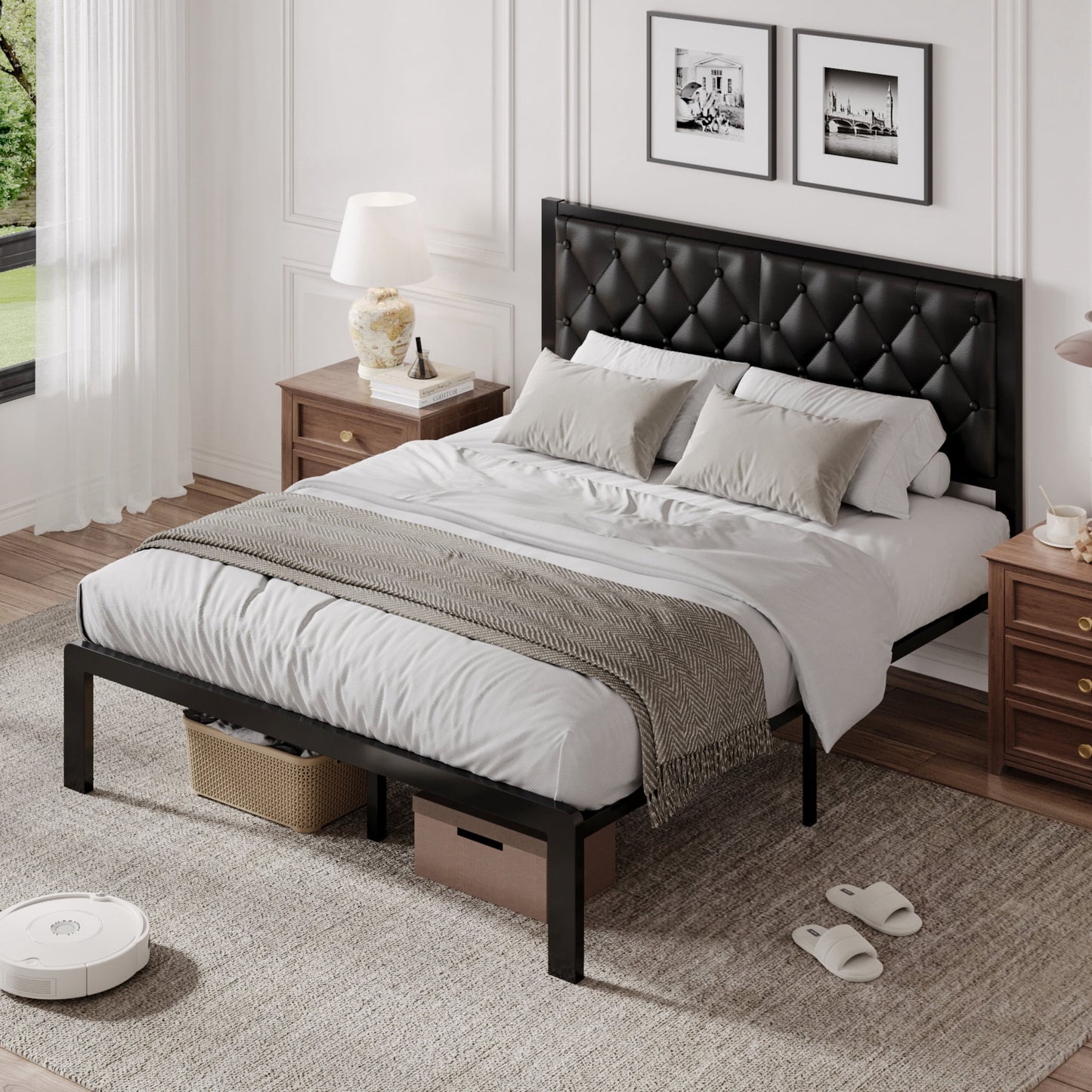 Lifezone Bed Frame with Upholstered Headboard, Queen, Metal Support, No Box Spring Needed, Modern Black