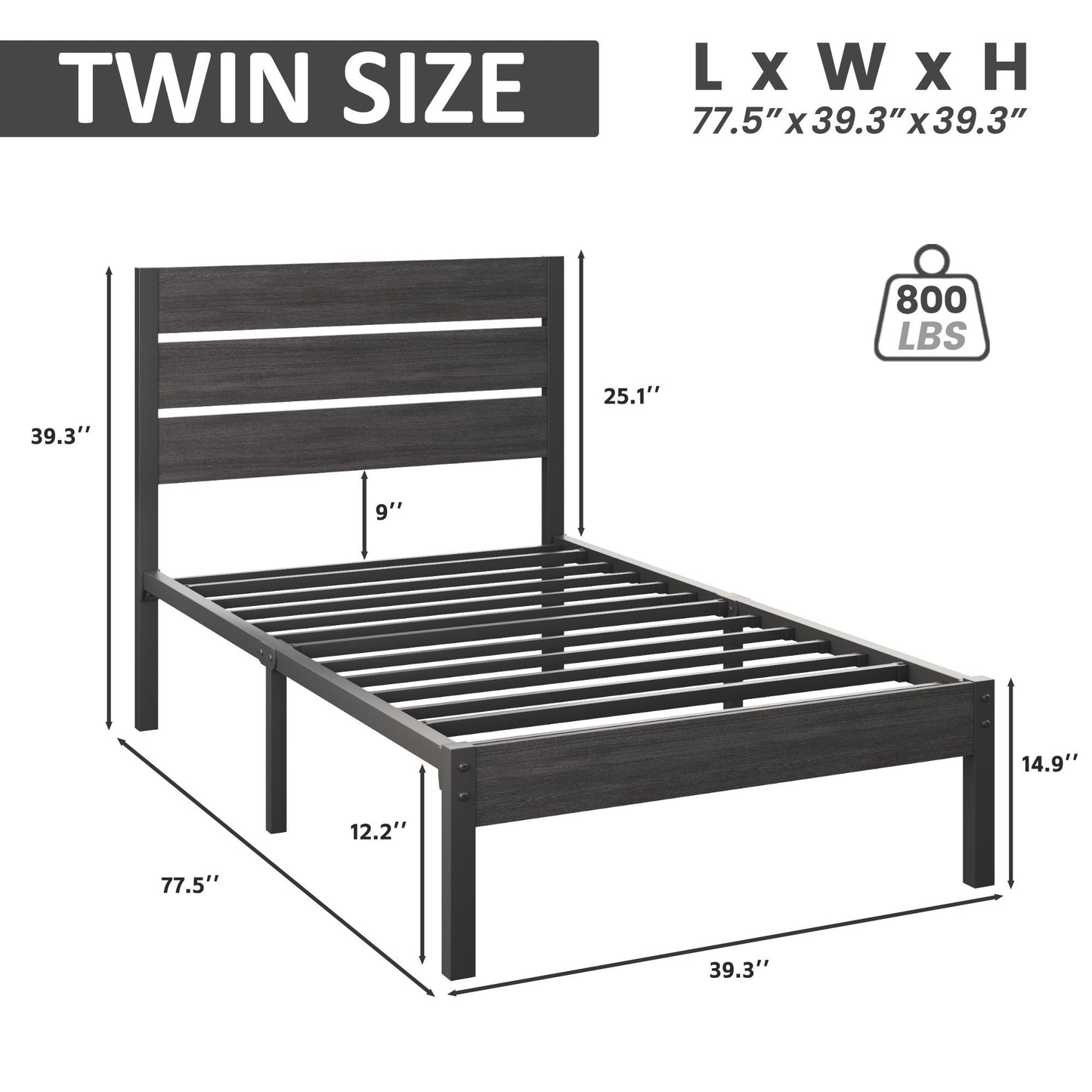 Lifezone Twin Bed Frame with Rustic Vintage Wood Headboard and Footboard,Metal Support,Gray