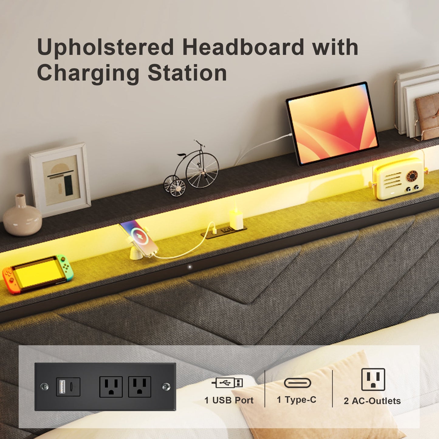 Full bed frame with charging station, LED lights, and storage drawers, with soft cushioned headboard, under bed storage space, easy to install, gray