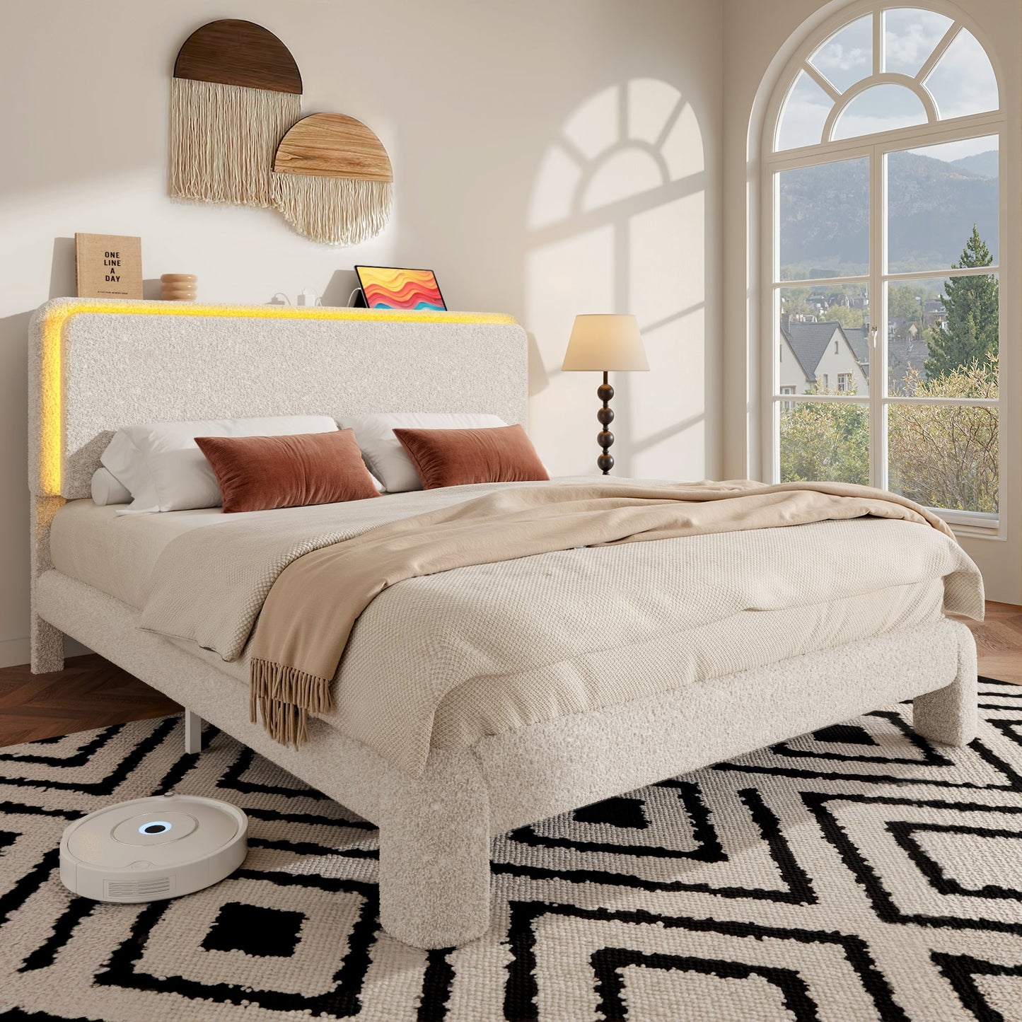 Fluest Queen Size Boucle Upholstered Bed Frame, Cloud Headboard, Built-in Charging Station & LED Lights, Beige, No Box Spring Needed