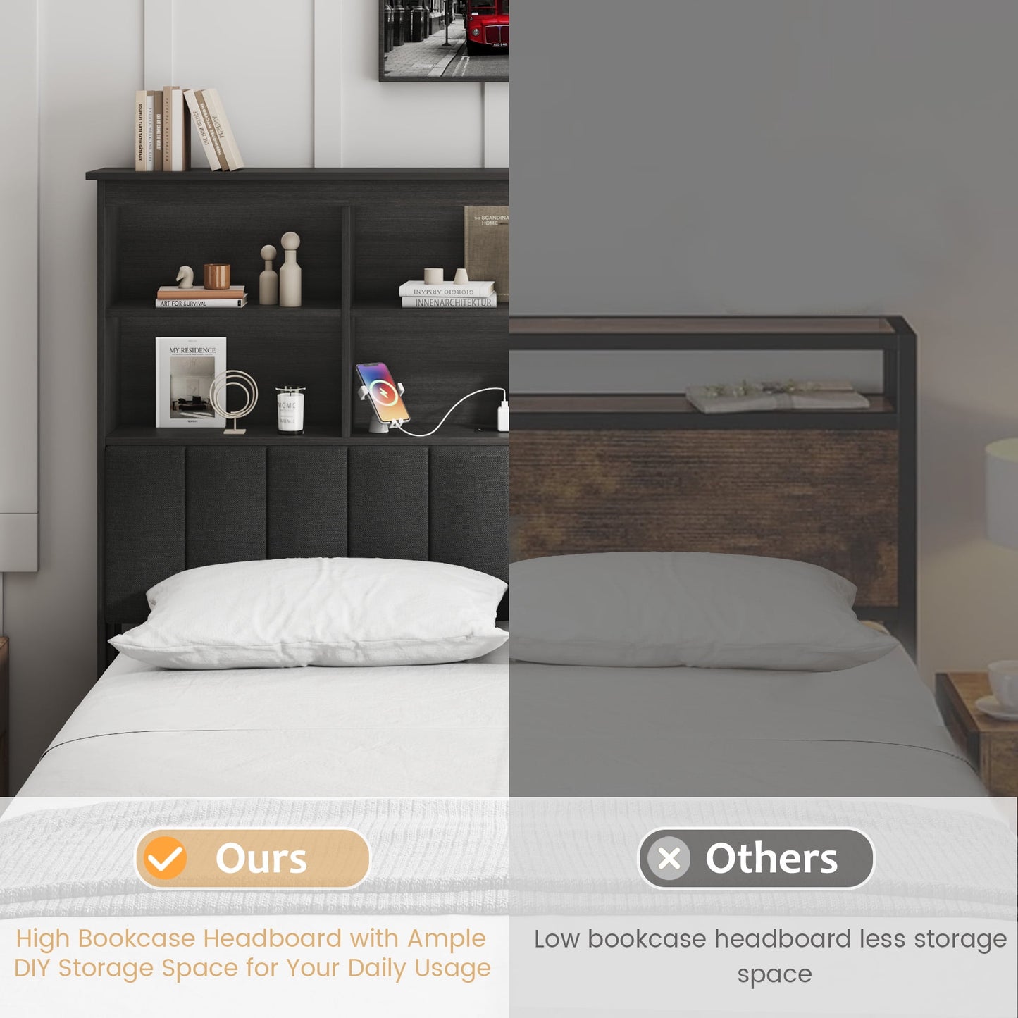 Lifezone Bookcase Beds Full Bed Frame with Wooden Platform, Rustic Grey