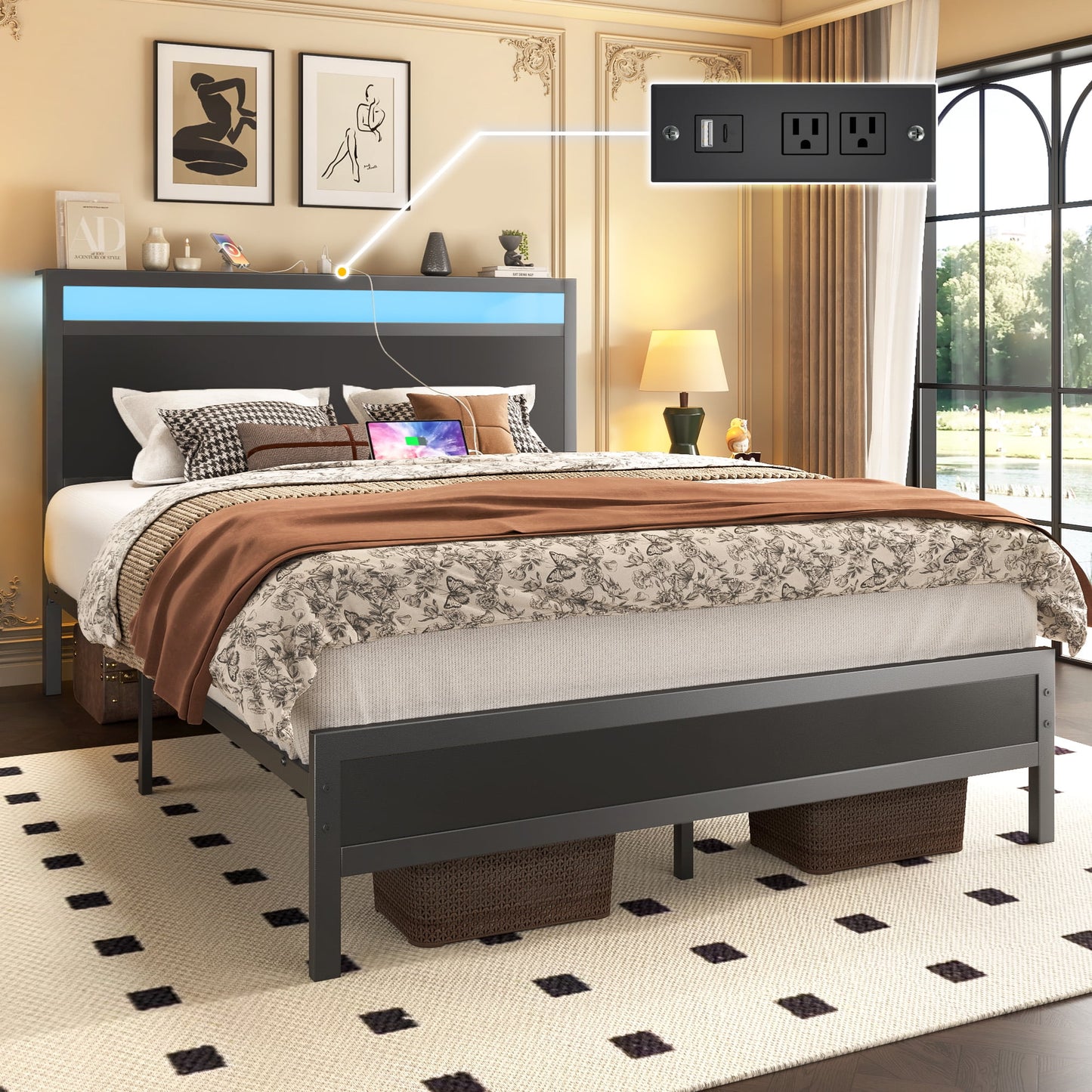 Full Bed Frame with Storage Headboard & Storage Drawer, Charging Station & LED Light, No Box Spring Needed, Noise Free, Easy Assembly, Classic Black