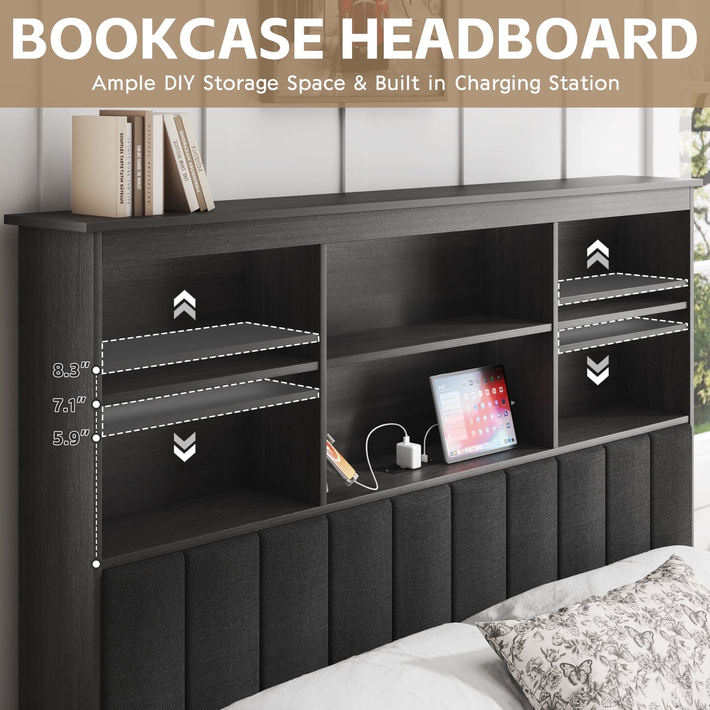 Lifezone Bookcase Beds Queen Bed Frame with Wooden Platform, Rustic Grey