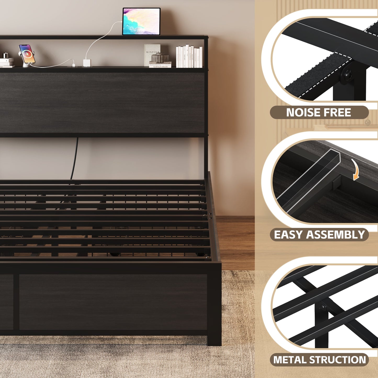 LIFEZONE Rustic Full Size Medium Density Fiberboard Platform Bookcase Bed with 4 Drawers, Grey