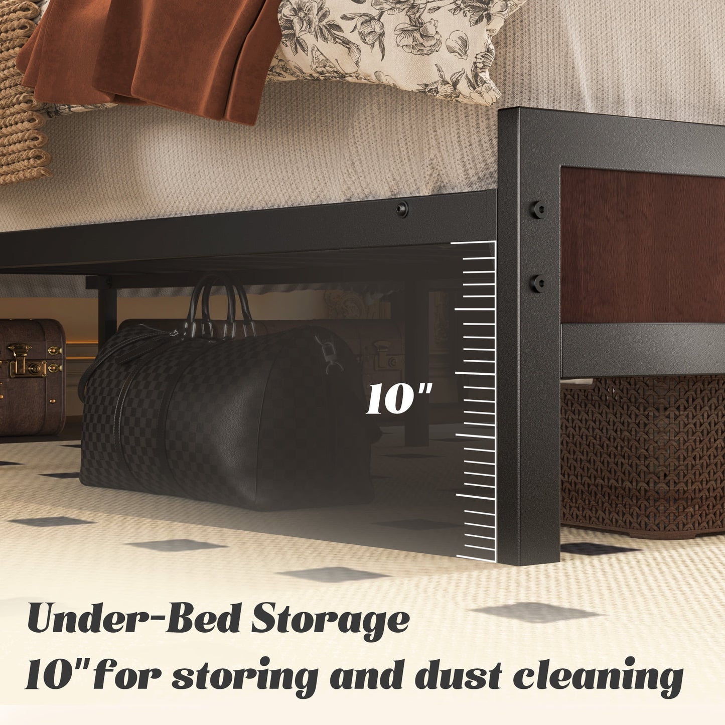 Queen Bed Frame with Headboard & Footboard, Bed Frame with Built-in Charging Station & LED Light, Storage Shelf, Noise-Free, No Box Spring Needed, Easy Assembly, Coffee Brown