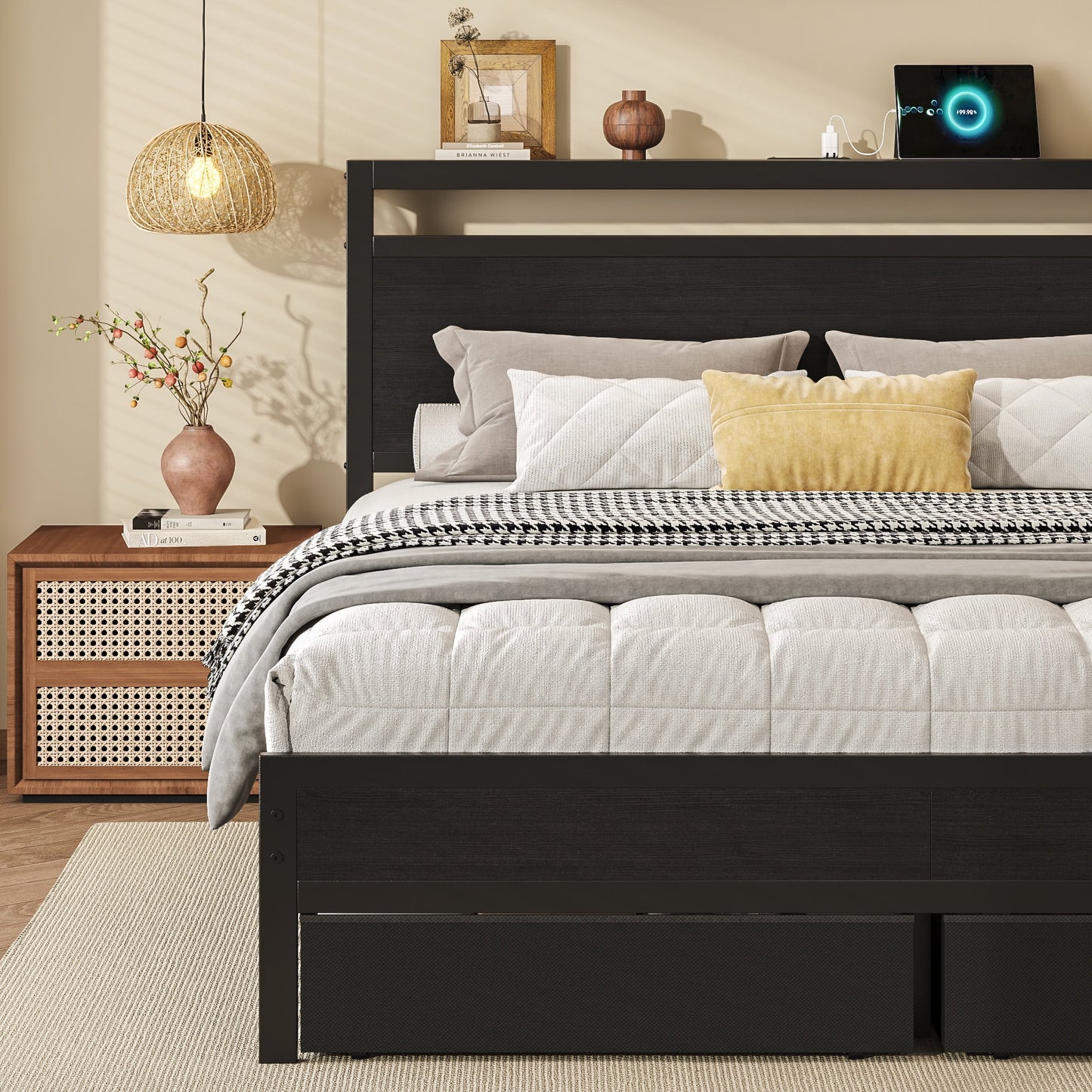 Queen Bed Frame with Headboard & Footboard, Bed Frame with Built-in Charging Station & LED Light, 2 Drawers, Storage Shelf, Noise-Free, No Box Spring Needed, Easy Assembly, Classic Black