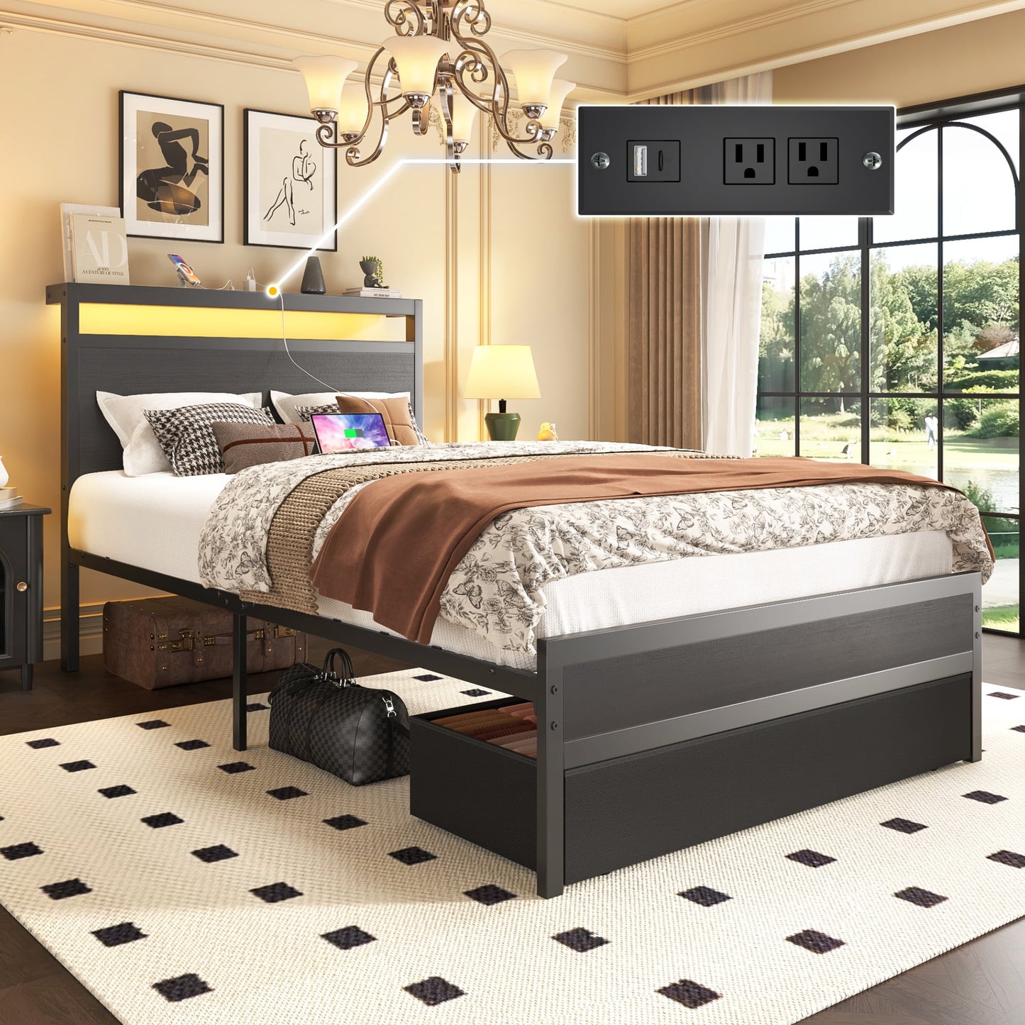 Twin Bed Frame,Twin Bed Frame with Storage Headboard & Storage Drawer, Charging Station & LED Light, No Box Spring Needed, Noise Free, Easy Assembly, Classic Black