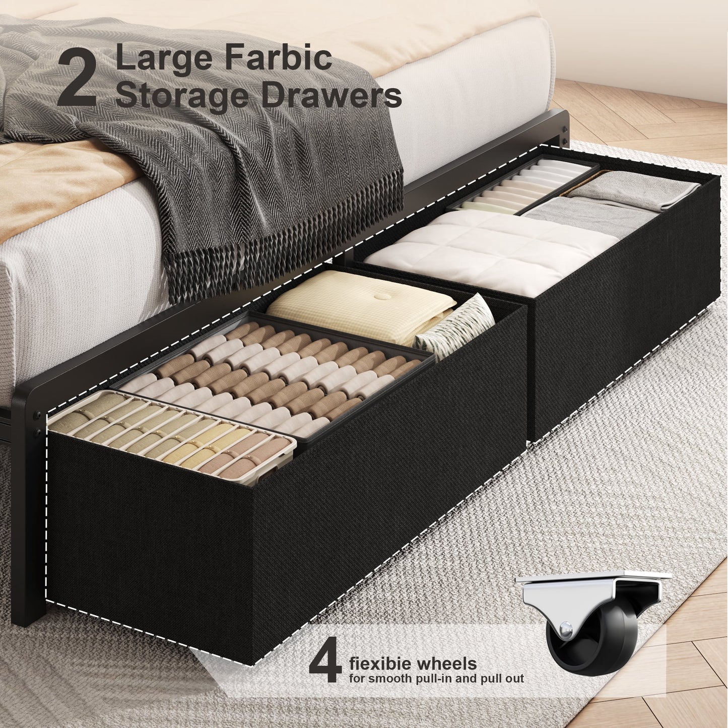 Lifezone Queen Bed Frame with 2-Tier Storage Headboard, USB Port and LED Light, 2 Storage Drawers, Grey