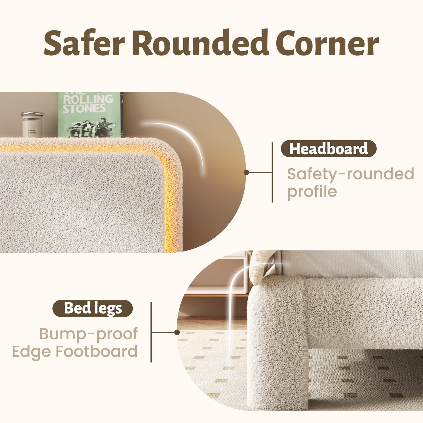 Fluest Queen Size Boucle Upholstered Bed Frame, Cloud Headboard, Built-in Charging Station & LED Lights, Beige, No Box Spring Needed