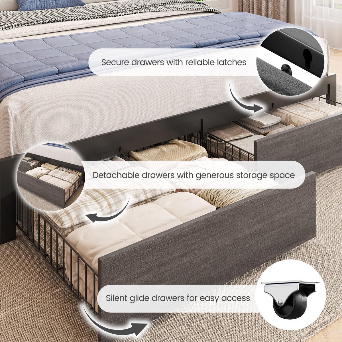 Lifezone Queen Bed Frame with 2-Tier Storage Headboard, Metal Bed Frame with Storage Drawers, Built-in Charging Station & LED Lights, Noise-Free, No Box Spring Needed, Easy Assembly, Rustic Grey