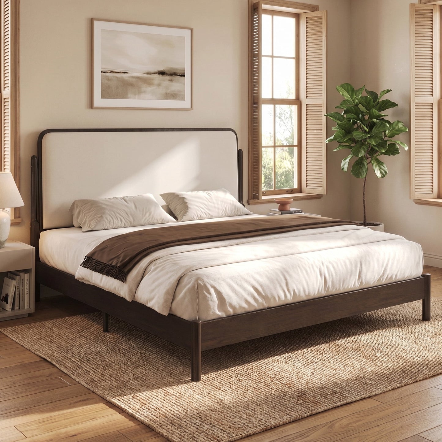 Lifezone Queen Size Solid Wood Bed Frame with Upholstered Headboard, No Box Spring Needed, Easy Assembly, Brown