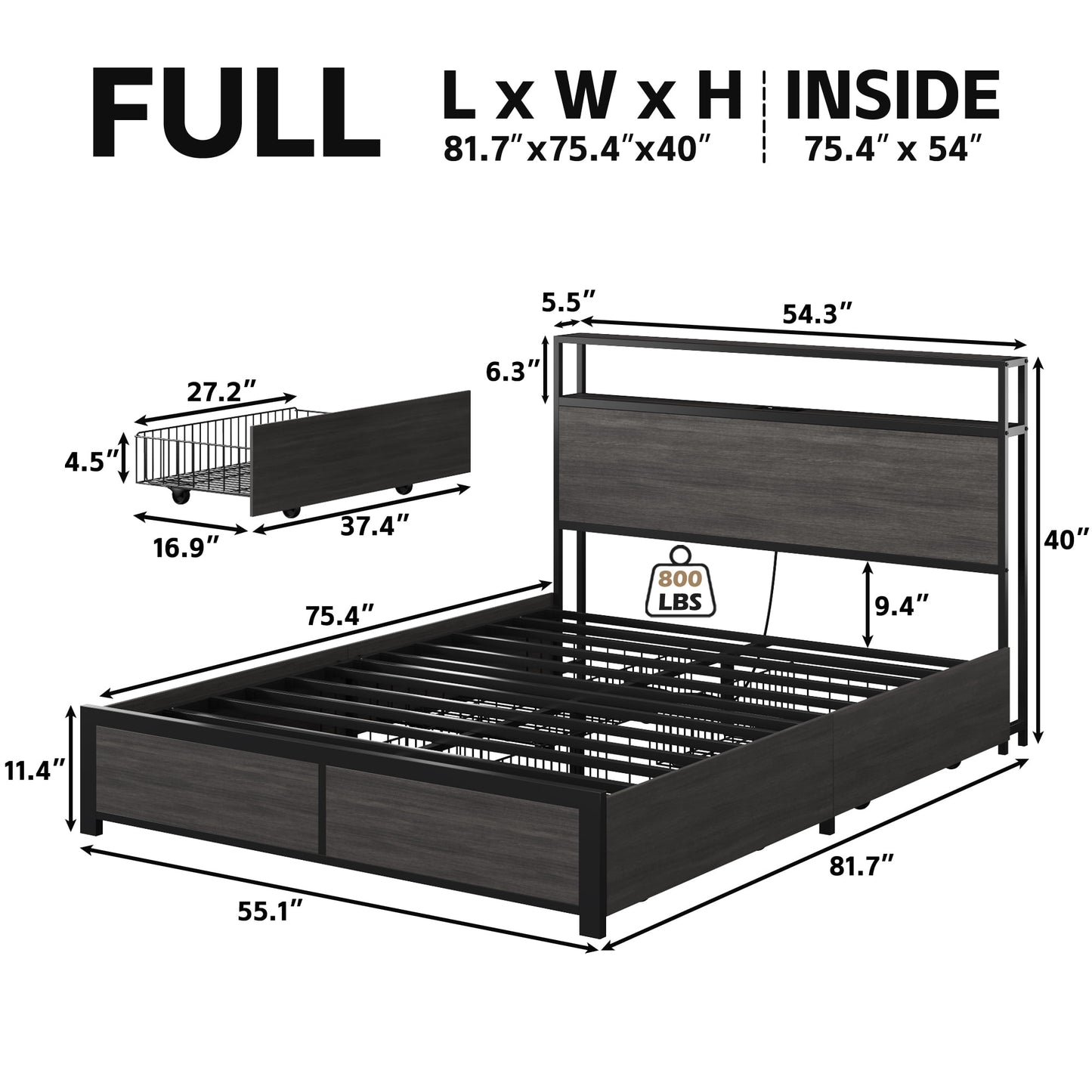 LIFEZONE Rustic Full Size Medium Density Fiberboard Platform Bookcase Bed with 4 Drawers, Grey